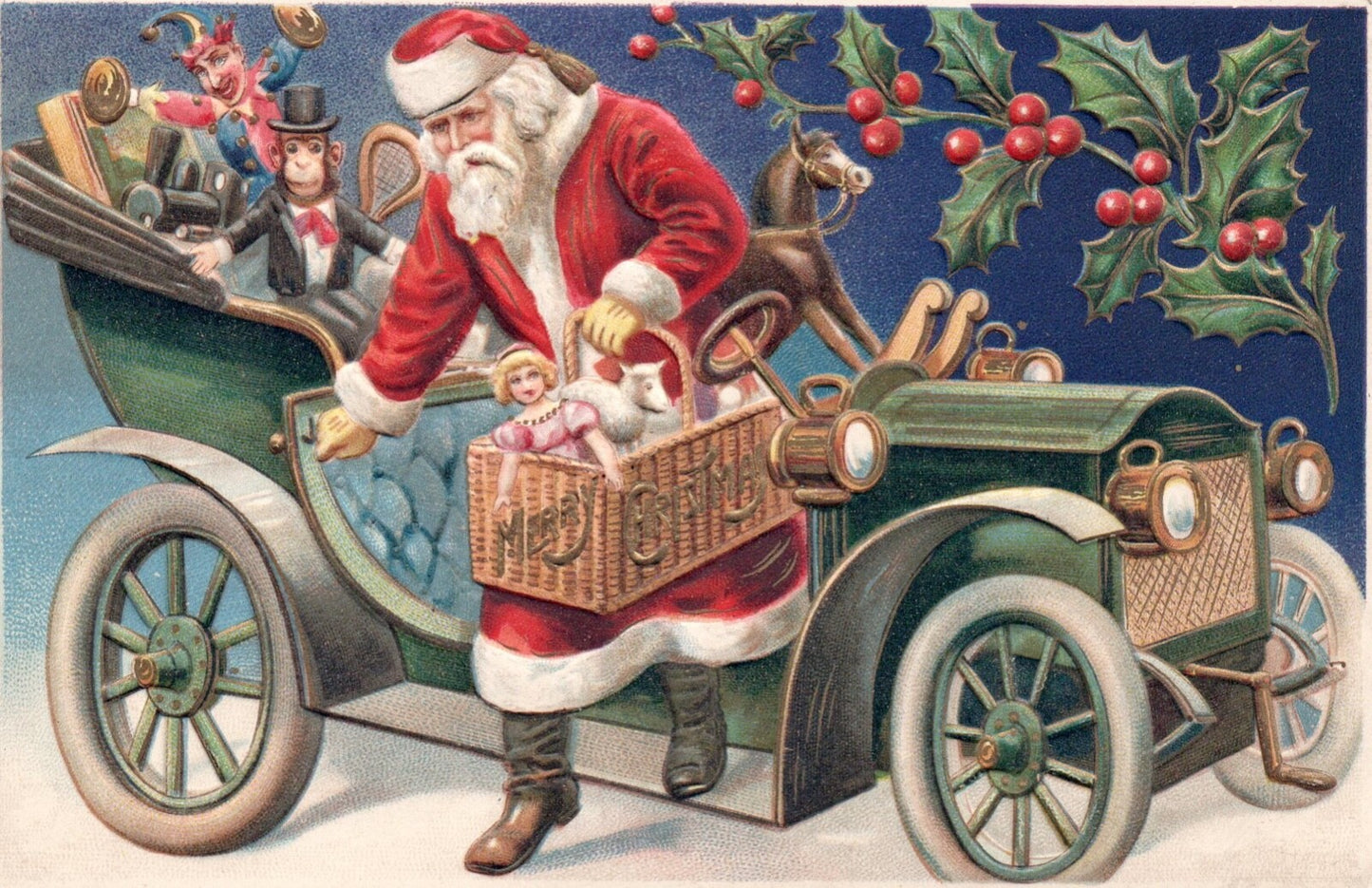 Heavy Embossed Santa Bringing Toys For All Santa Car Vintage Santa Postcard