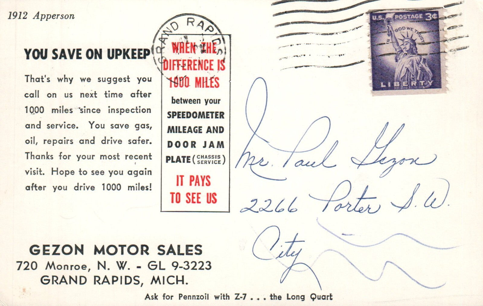 1912 Apperson Automobile Car Postcard