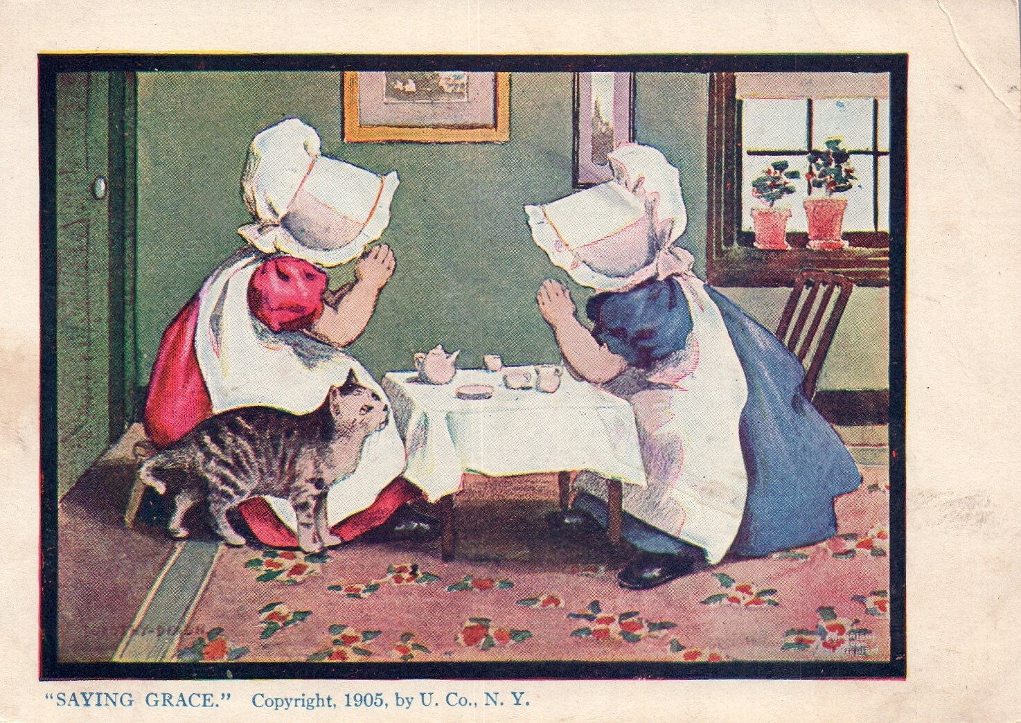 1905 Peek A Boo Bonnet Girl Artist signed Dorothy DIxon cat Tea Party
