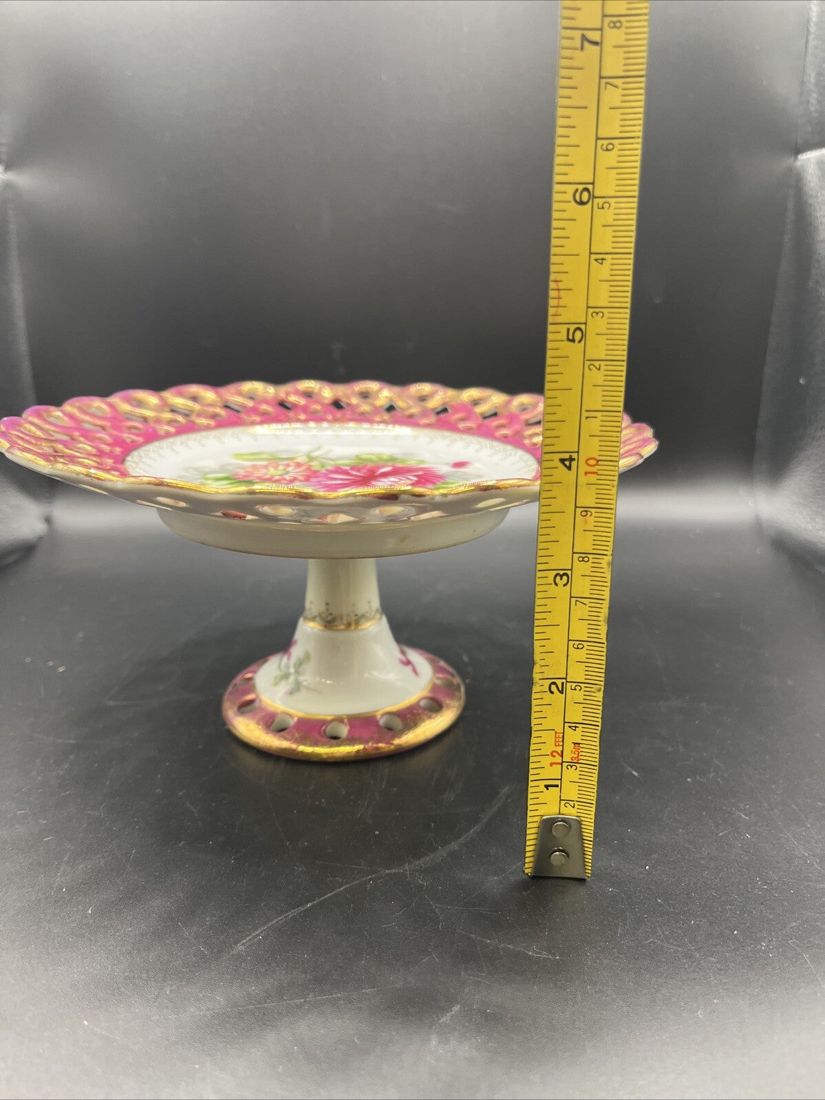 Vintage Pedestal Serving Bowl Floral Design Reticulated 7.5”