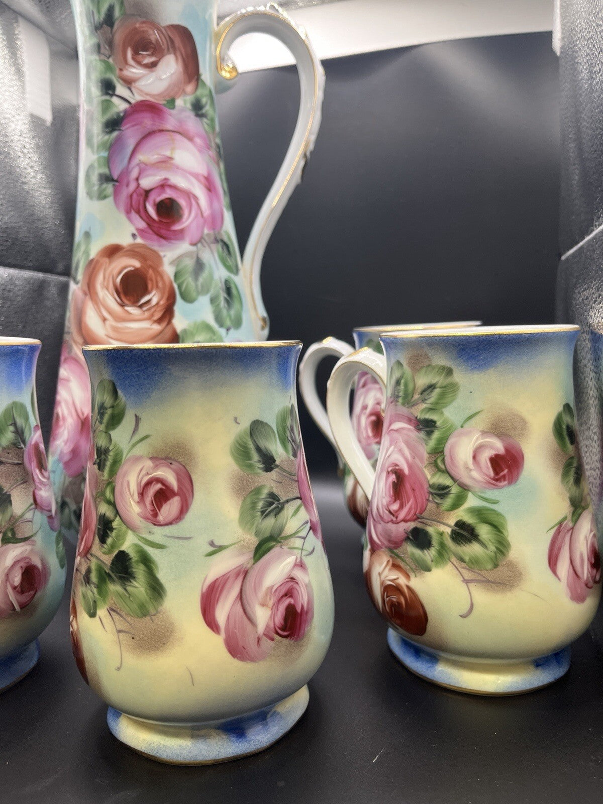 Limoges Fleur De Lis Mark Chocolate Pot and Cups. 5 Piece Set