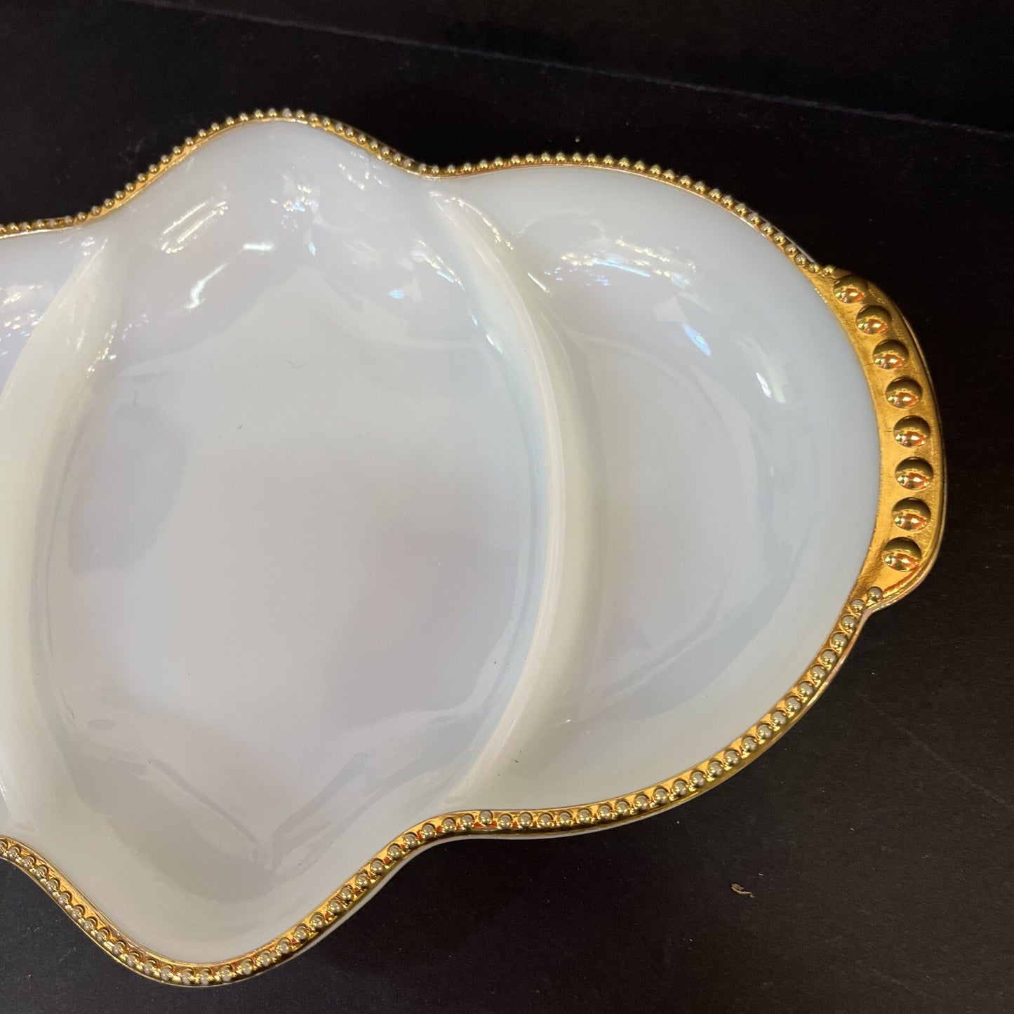 Vintage  Relish Tray Fire-King 3-Section - Milk Glass Divided Gold Bead Trim