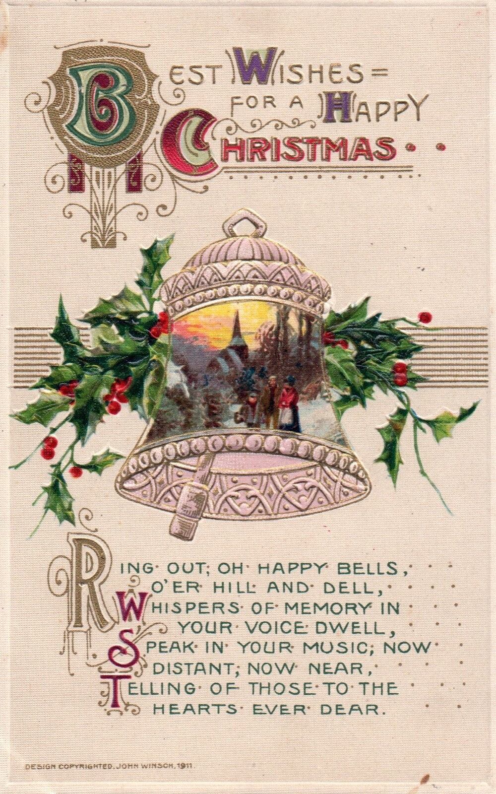 John Winsch Best Wishes for A Happy Christmas Bell & Holly Vintage Postcard