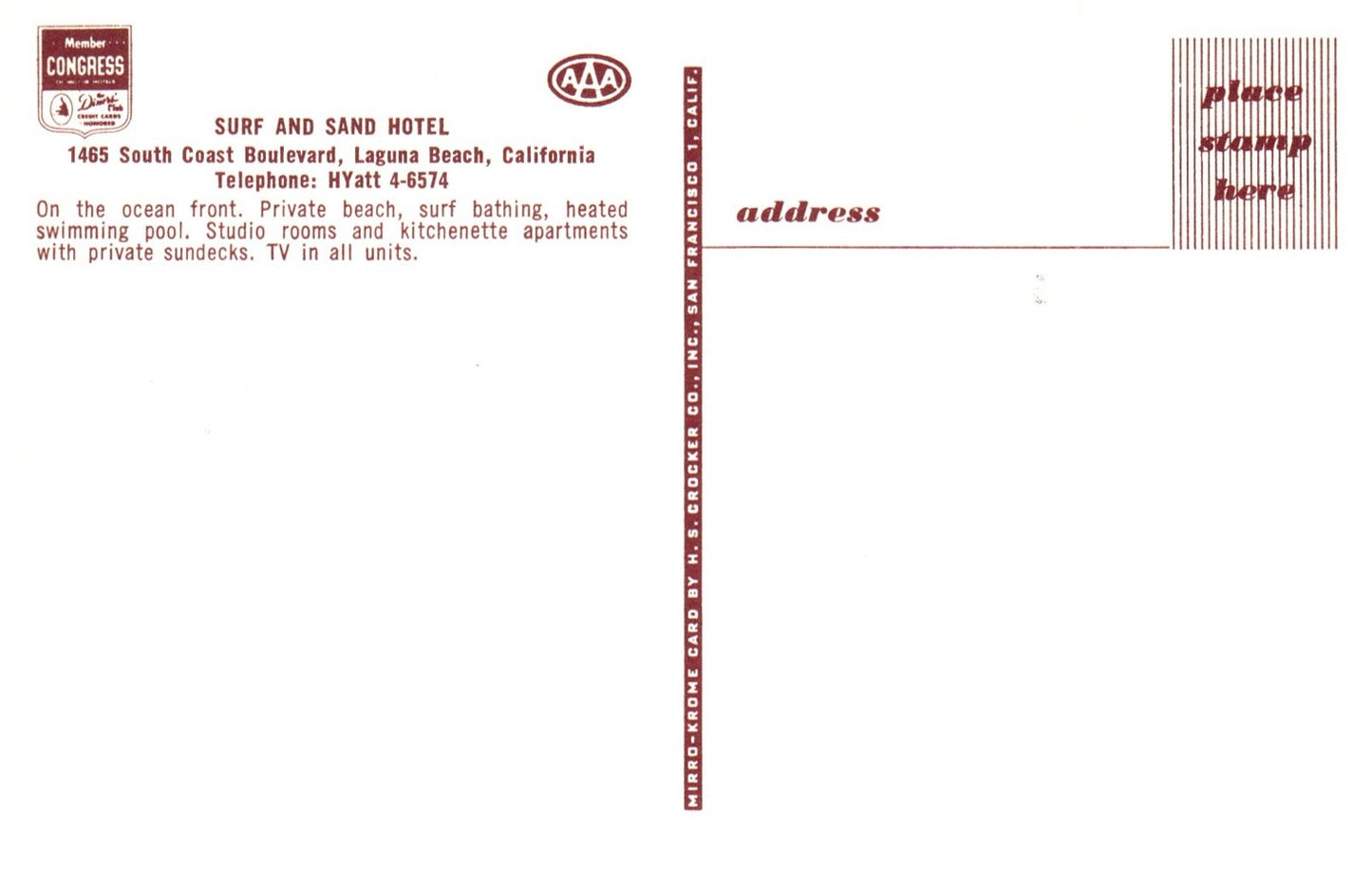 Ocean Front Surf & Sand Hotel in Laguna Beach CA California Postcard