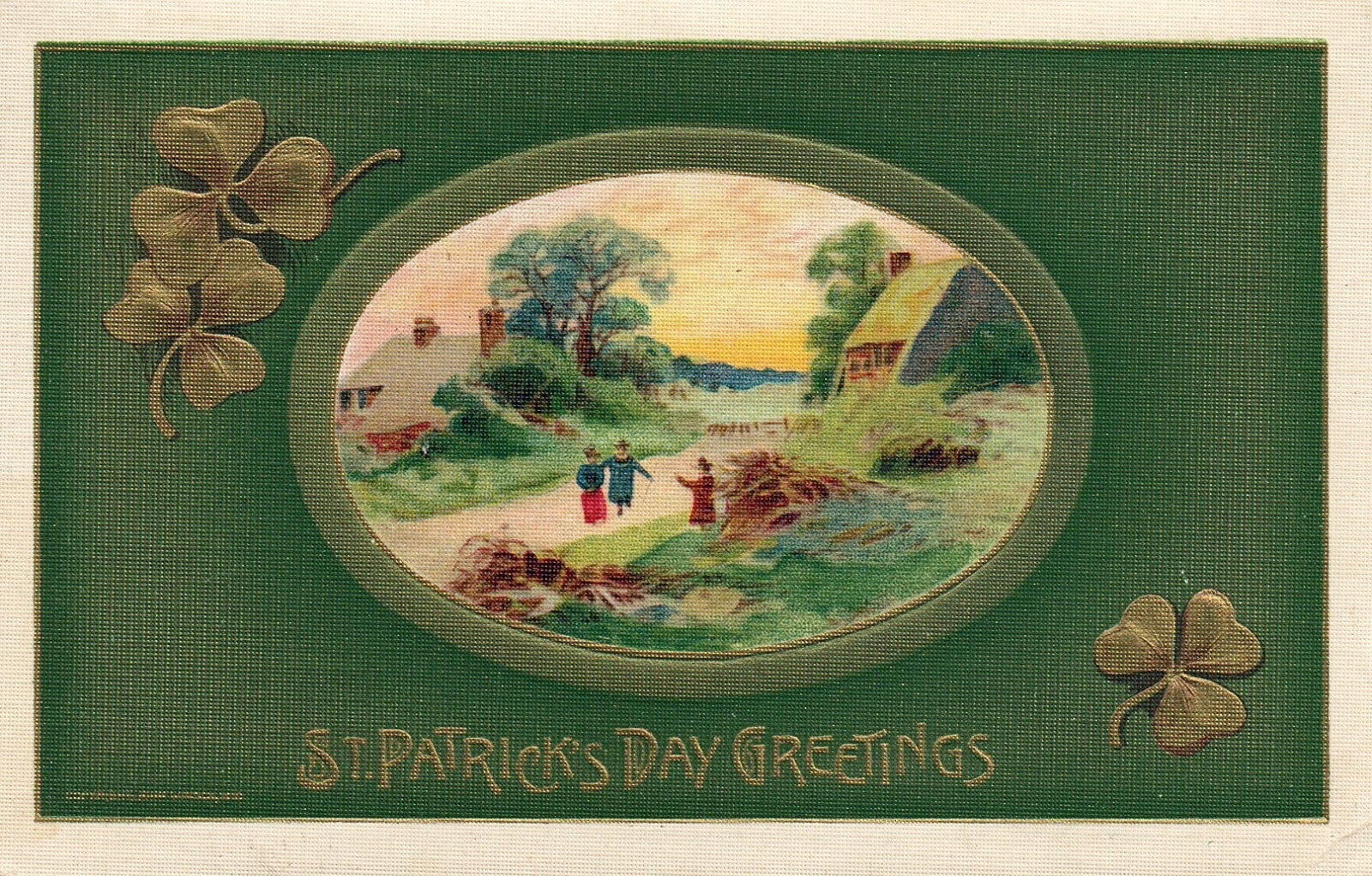 John Winsch   St Pats Post Card Family on Farm Gold Embossed Clovers