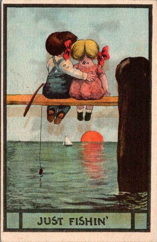 Just Fishin' - Backside of Boy Hugging Girl on Dock Fishing Comic S.99 Postcard