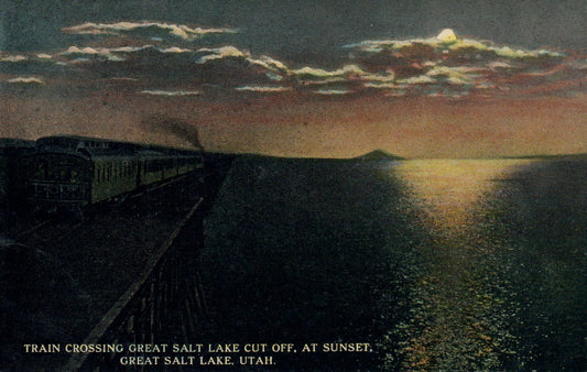Train Crossing Great Salt Lake Cut Off At Sunset Railway Railroad RR  Postcard