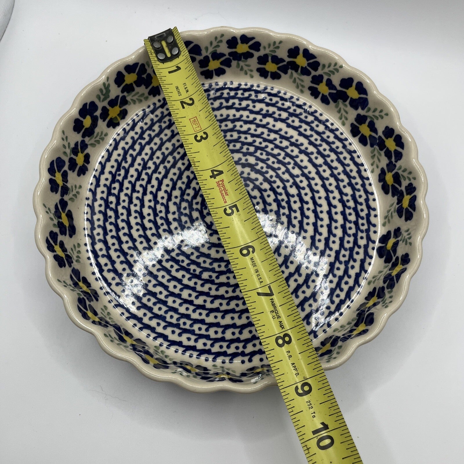 Polish Pottery Pie Quiche Dish Fluted Edge 9" - Blue Flower