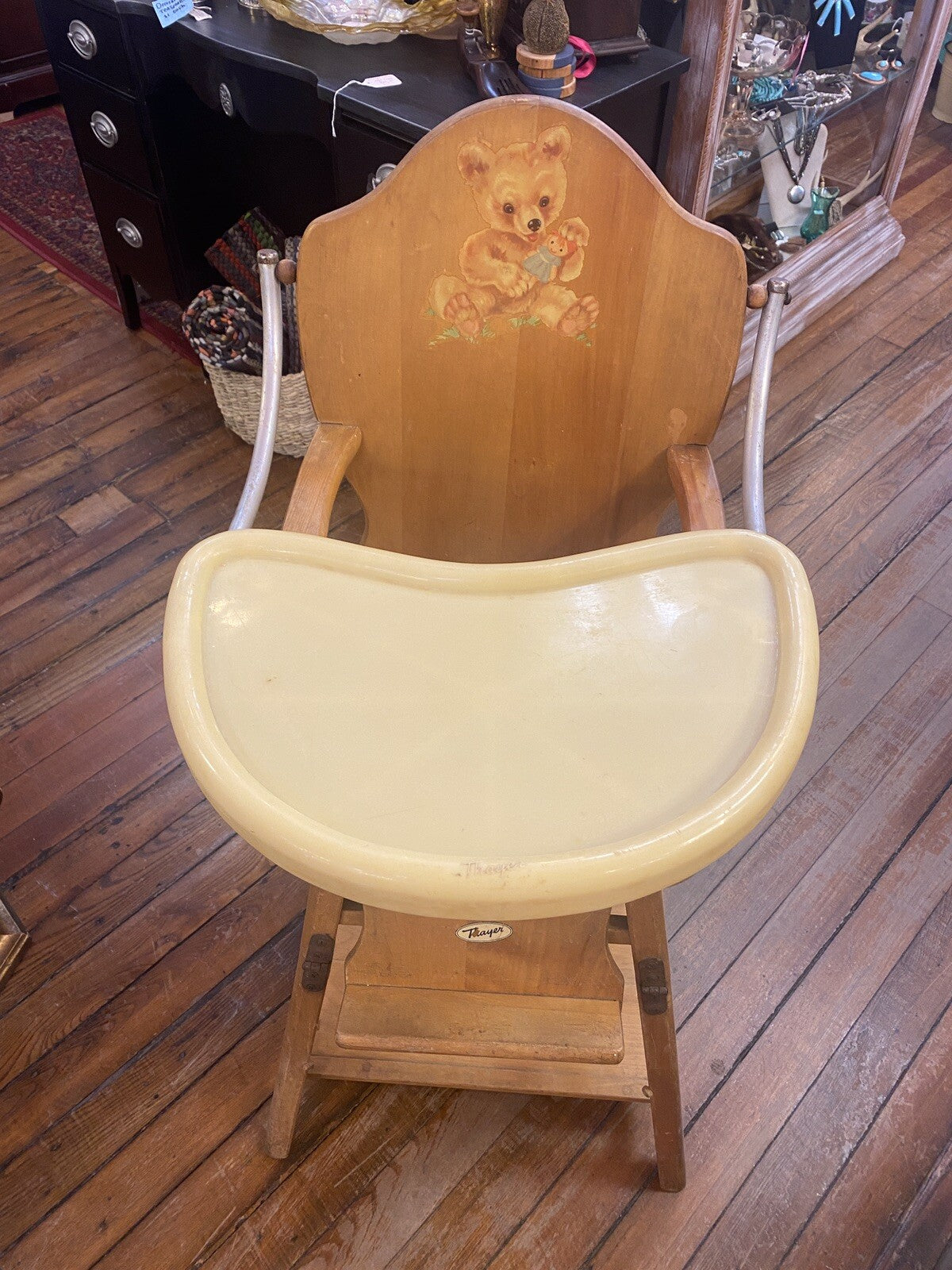 Antique Thayer High Chair Convertible To Play Chair  With Bear  Print Solid Wood