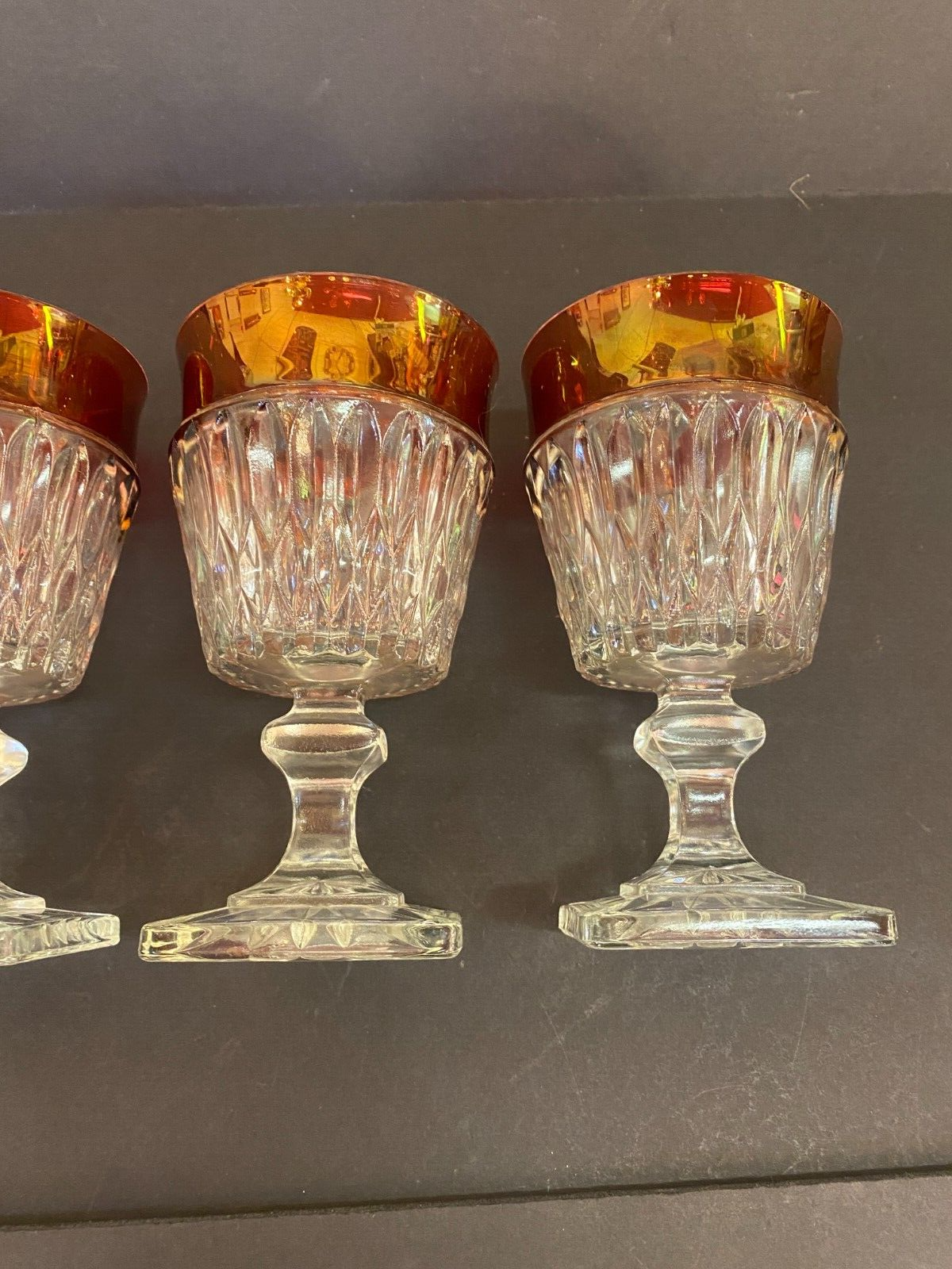 Vintage  Ruby Red Rimmed Set Of 4 Goblet Clear Cut Glass Square Base