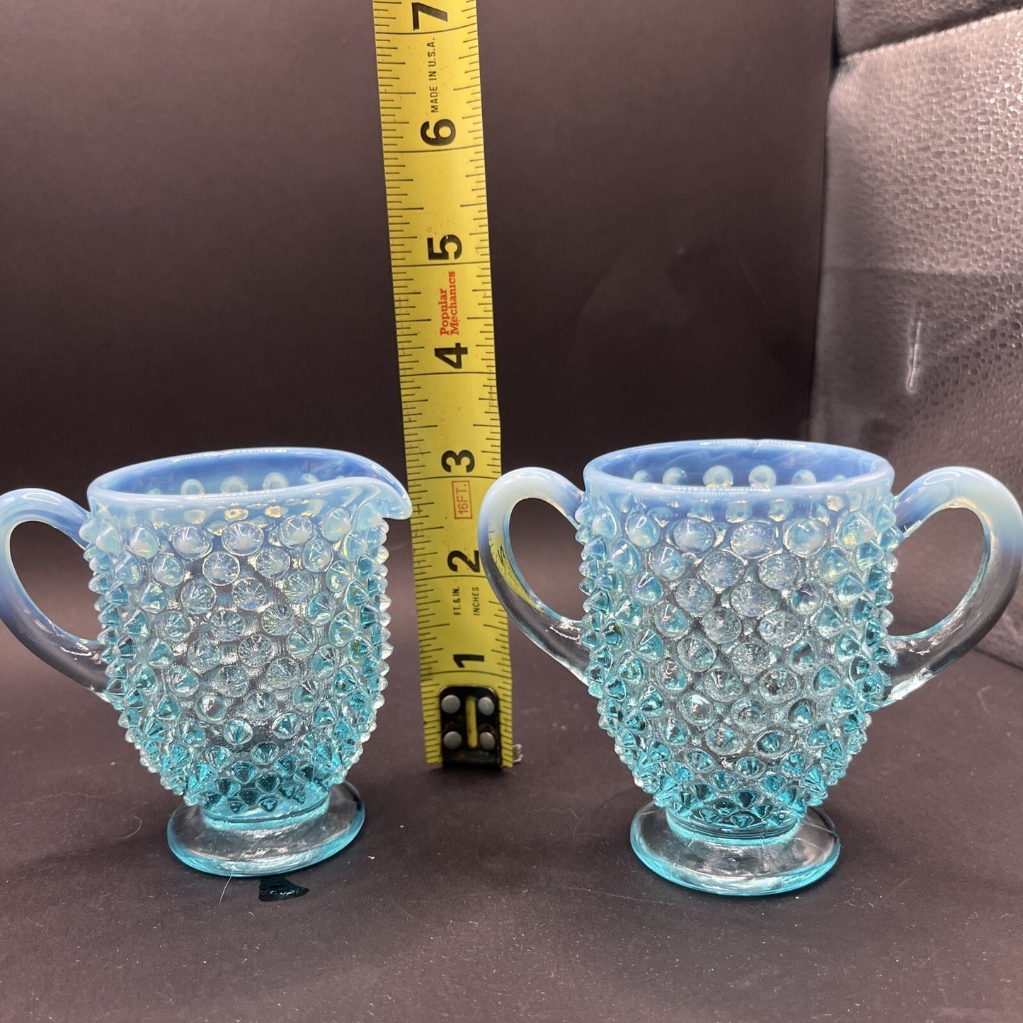 Fenton Glass Blue Opalescent Hobnail Creamer Sugar Bowl Set Lot Handle 3.5 Inch