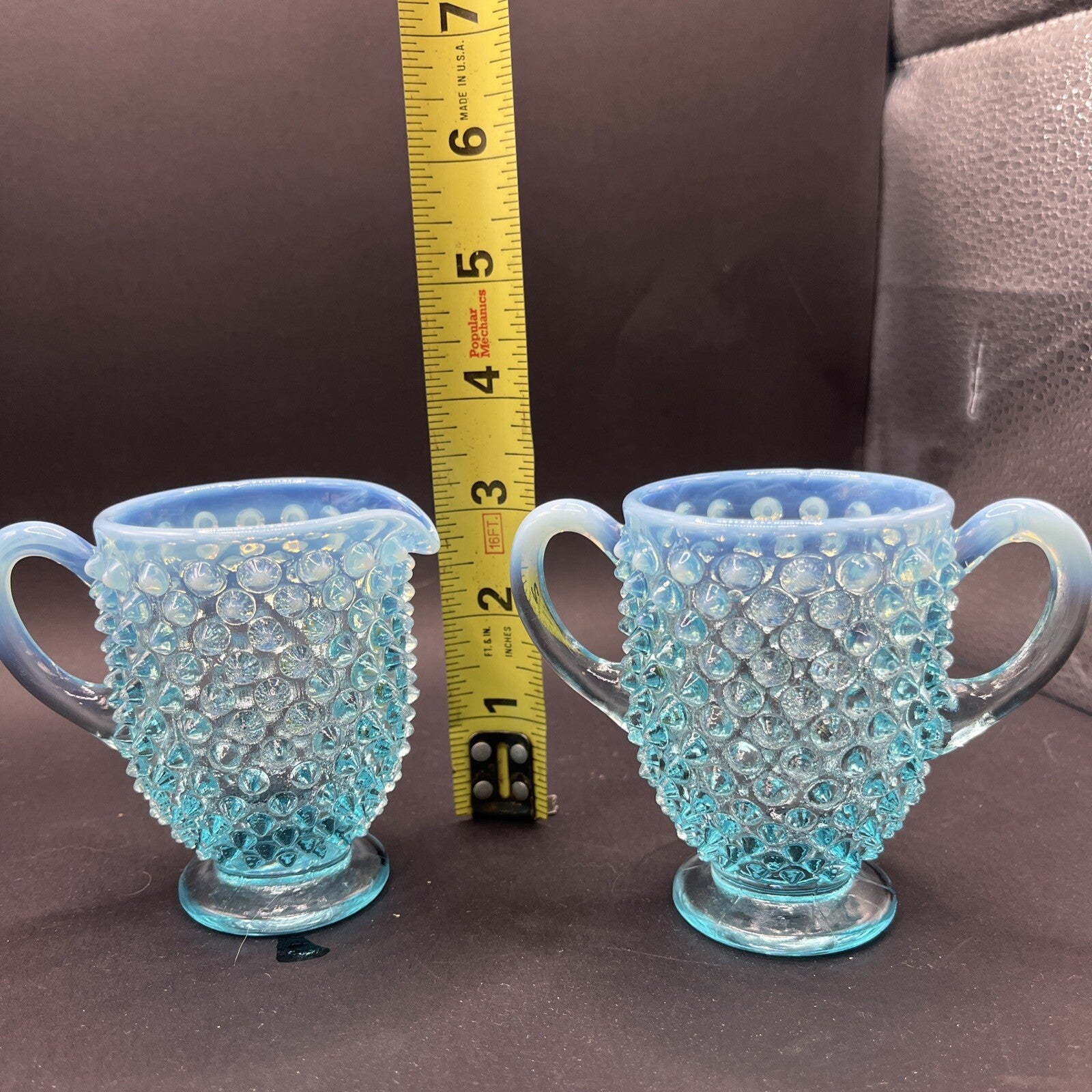 Fenton Glass Blue Opalescent Hobnail Creamer Sugar Bowl Set Lot Handle 3.5 Inch