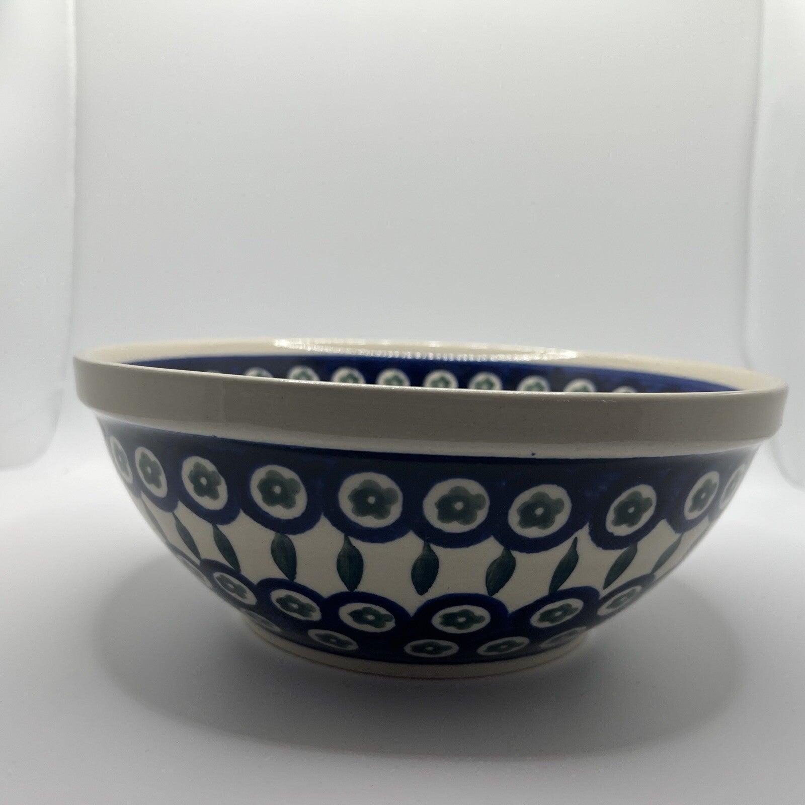Boleslawiec Pottery Round Bowl Handmade in Poland Blue White 8”