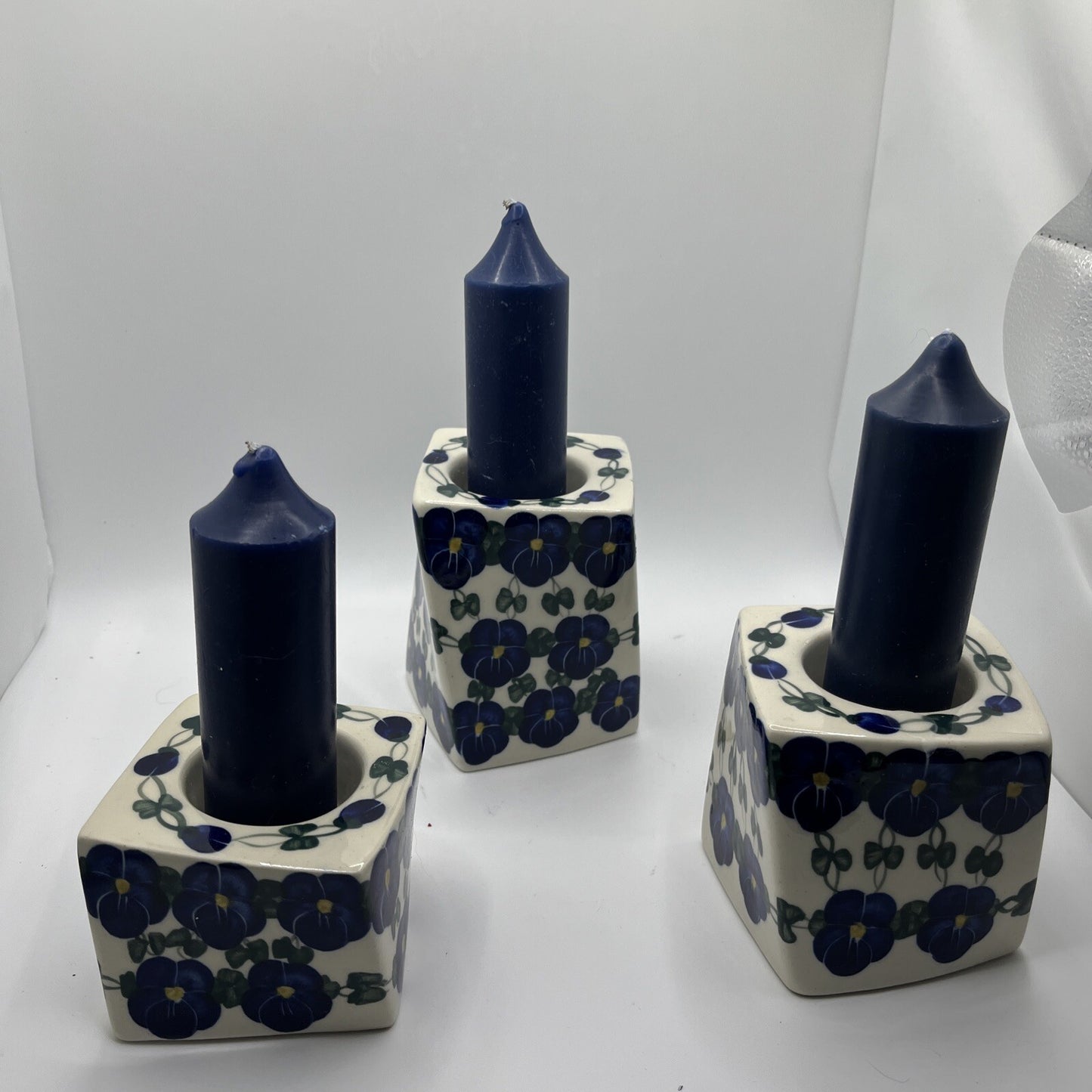 Polish Pottery Candle Holders Wild Blueberry Artistic Ceramics Set Of 3