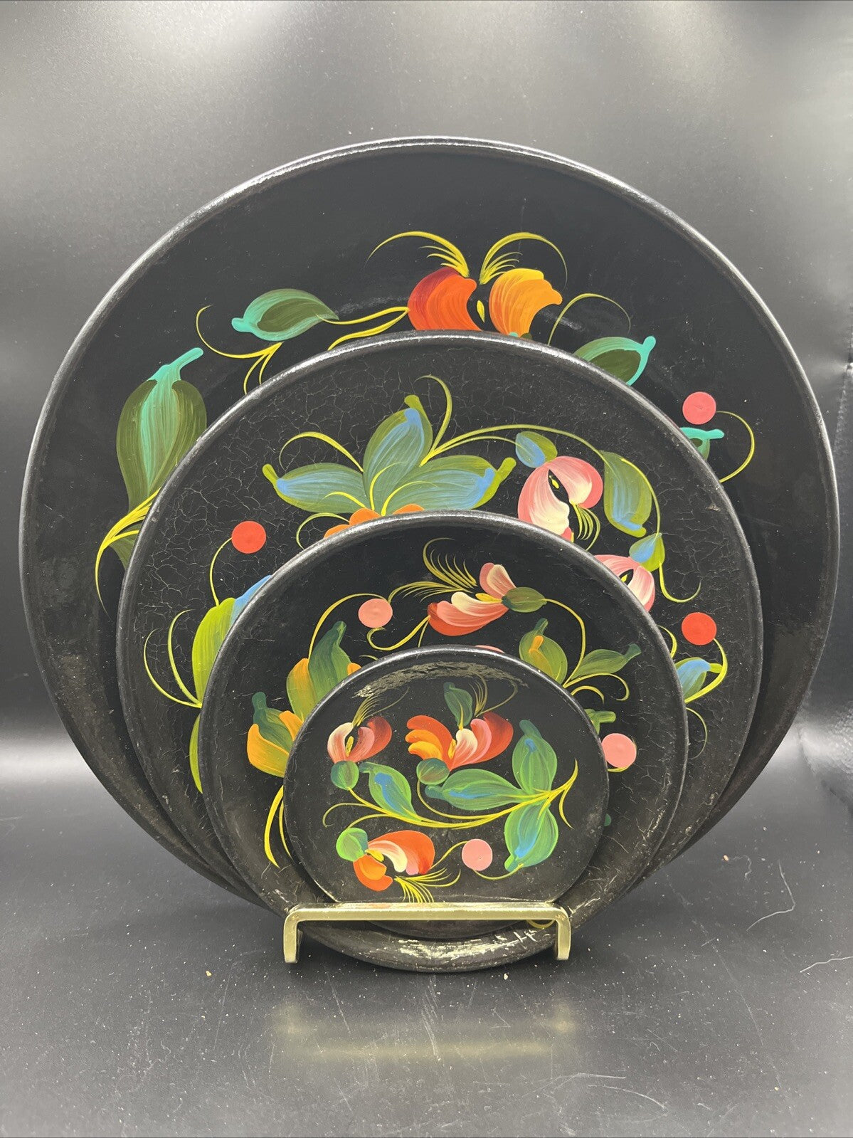Vintage Wooden Hand Painted Floral Wall Plate Made In USSR Set Of 4