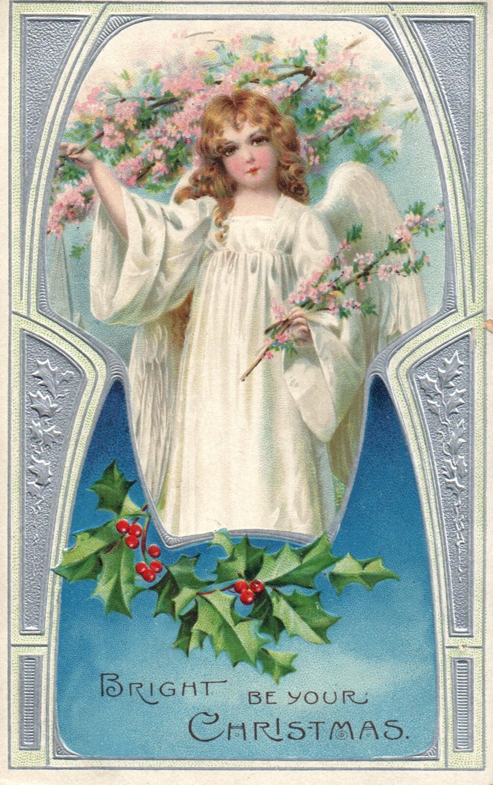 Bright Be Your Christmas Angel with Holly and Flowers Angel Christmas Postcard