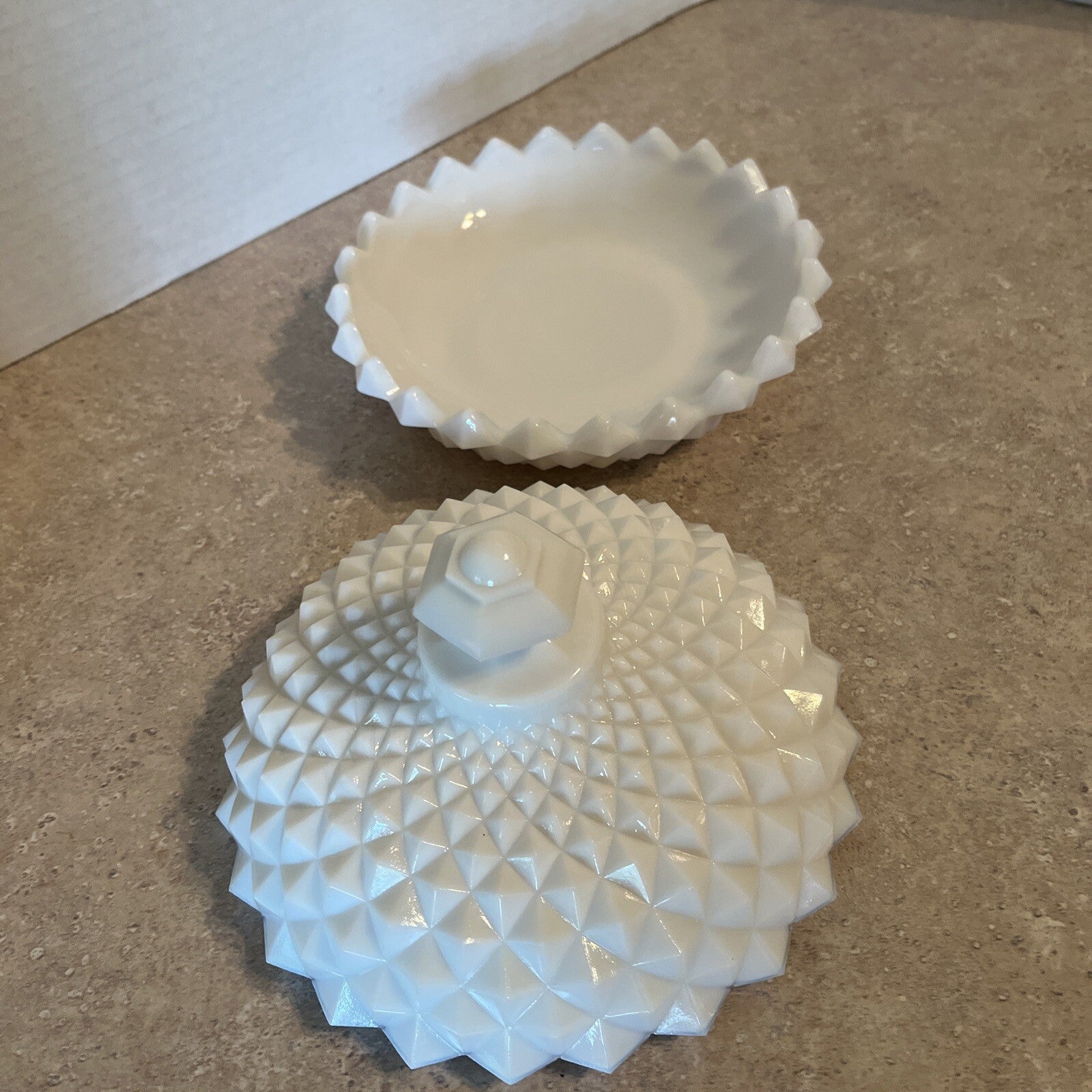 Vintage Westmoreland Milk Glass Sawtooth Diamond Point Lidded Candy Dish 5 1/2"