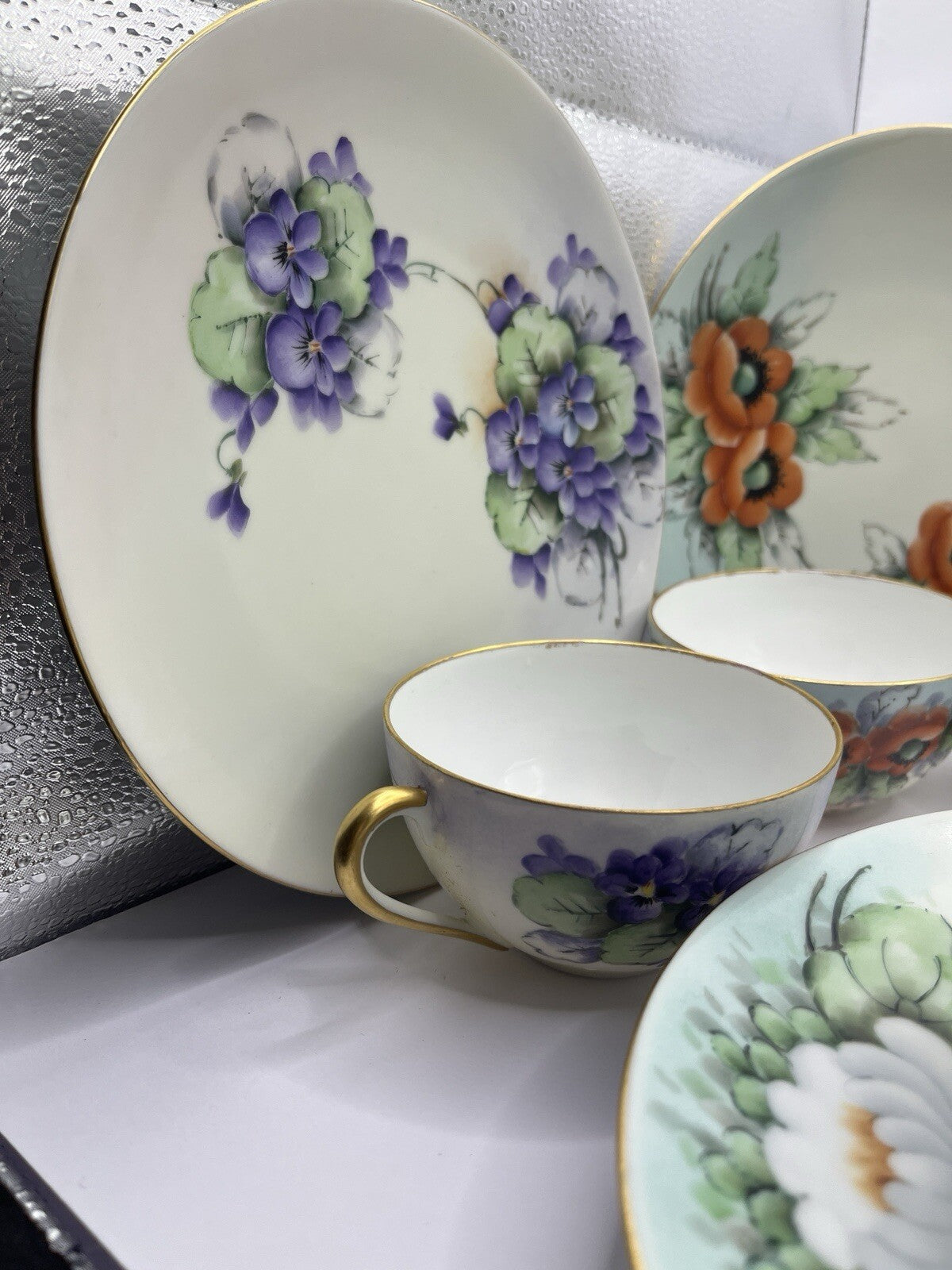 Vintage 6 Nippon 2 Piece Set Sandwich Plate & Cup W/Gold Trim And Flowers