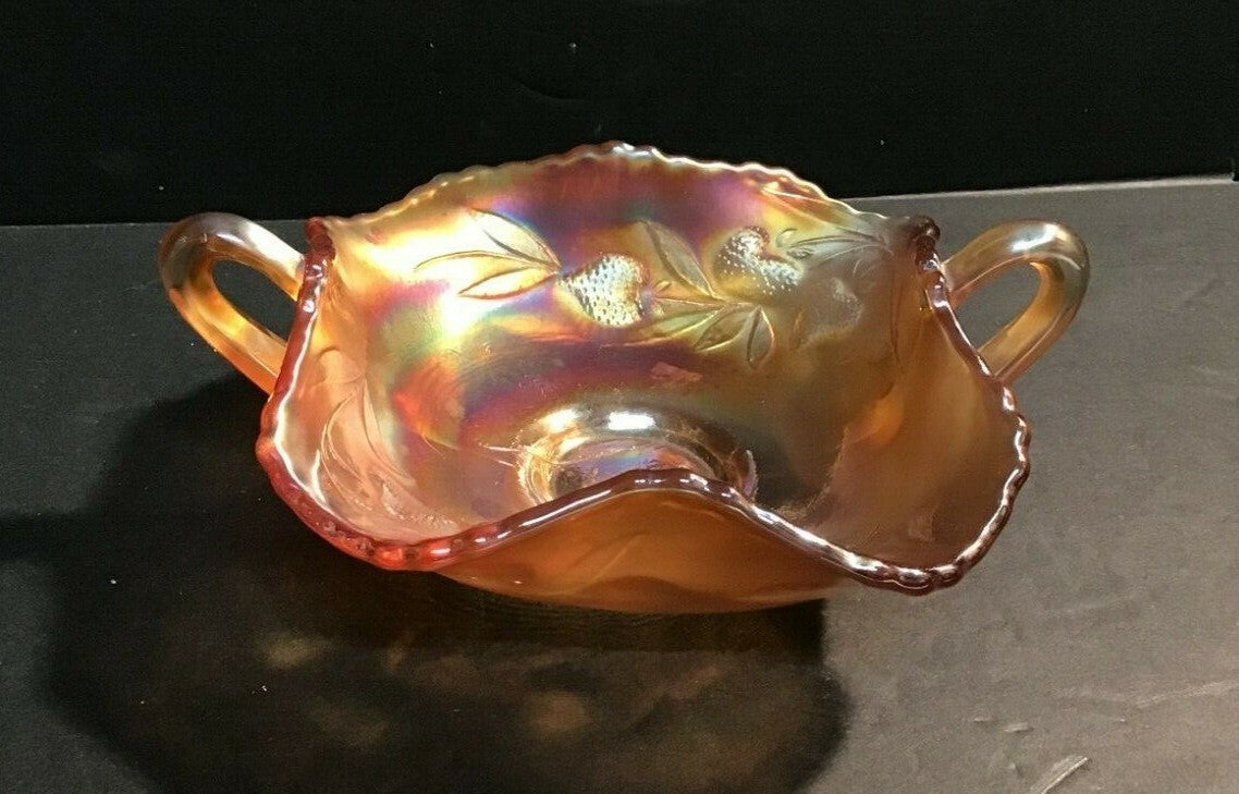 6 1/2" Marigold Two Handled Strawberry Pattern Bowl Iridescent Carnival Glass 