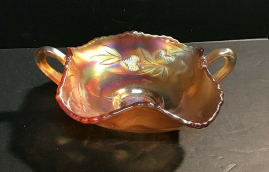 6 1/2" Marigold Two Handled Strawberry Pattern Bowl Iridescent Carnival Glass 
