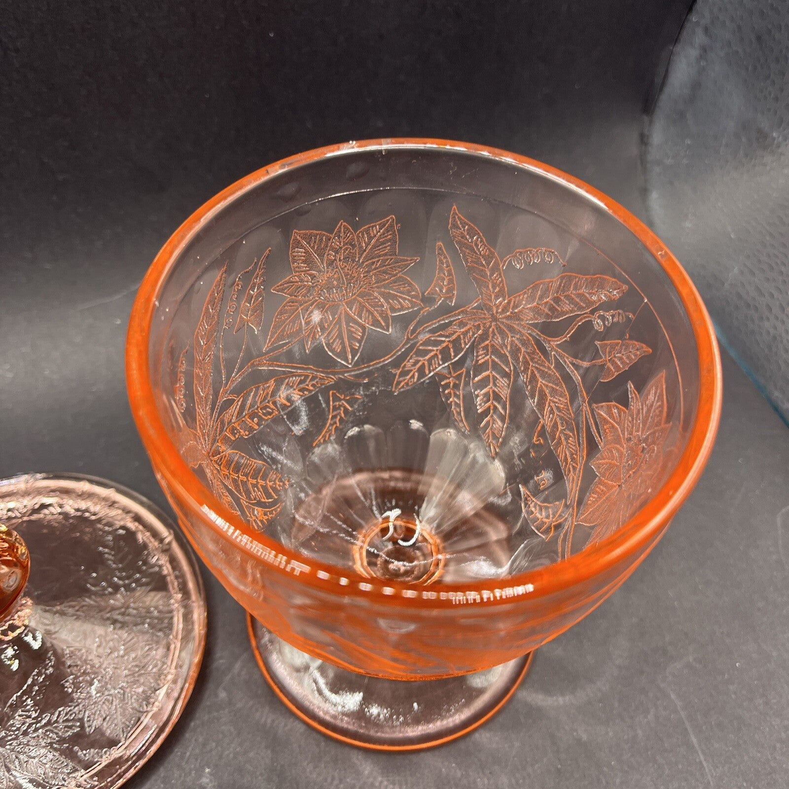 Floral Pink Footed Glass Candy Dish and Lid By Jeanette 6-1/4”