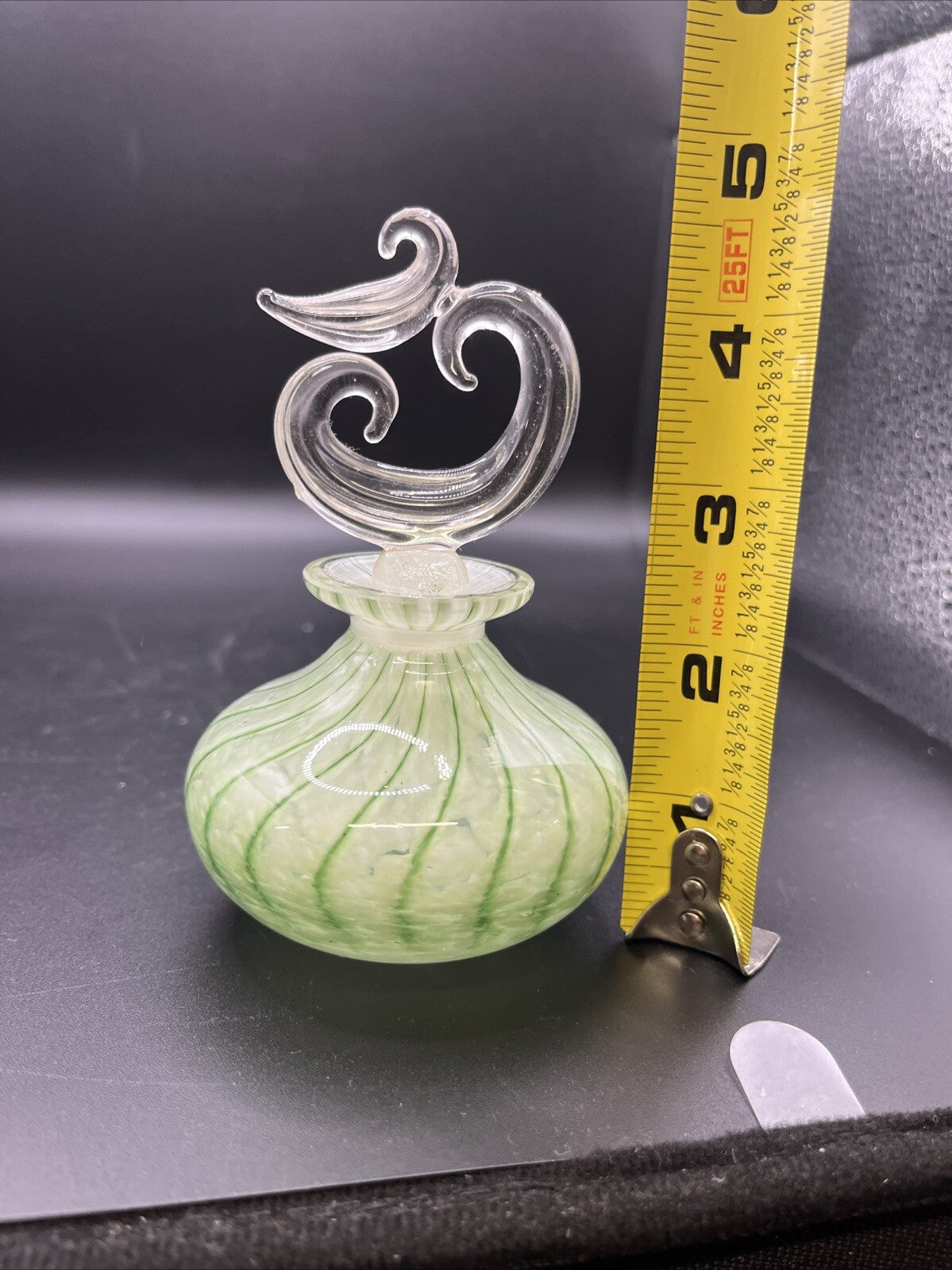 Art Glass Satin Blown Swirl Drape Motif Perfume Bottle Green Clear Stopper Vtg