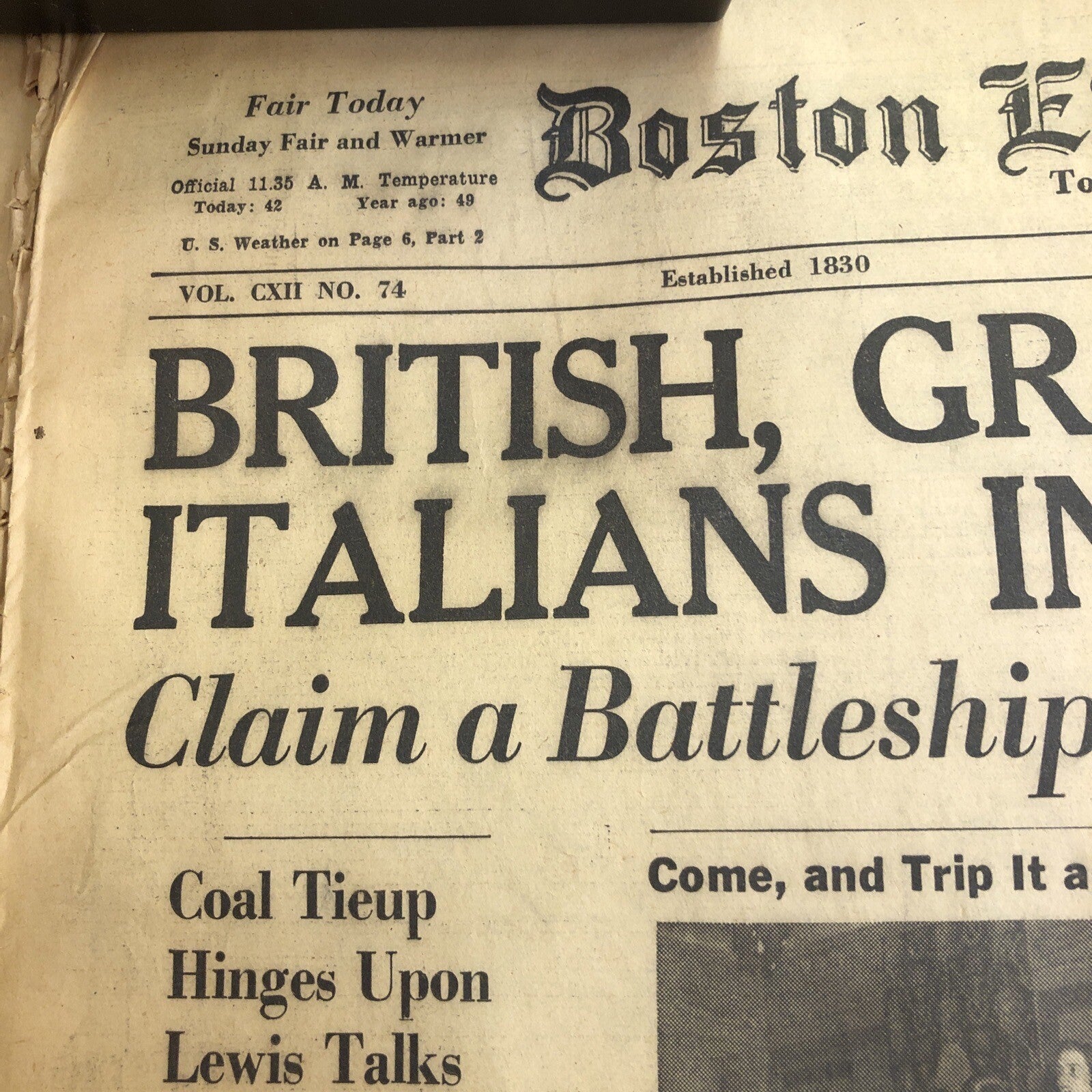 1941 MARCH 29 BOSTON EVENING TRANSCRIPT NEWSPAPER BRITISH GREEK NAVIES VS ITALY