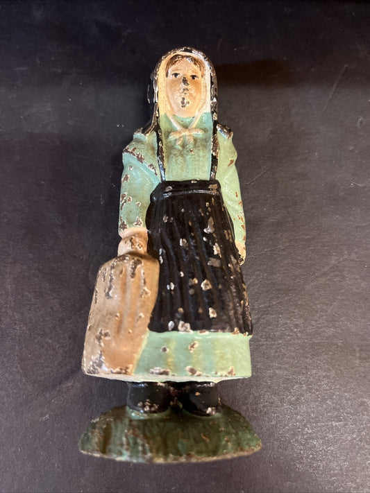 Vintage Heavy Duty Cast Iron Amish Lady Figurine Carrying Bucket Pail 4.5" Tall
