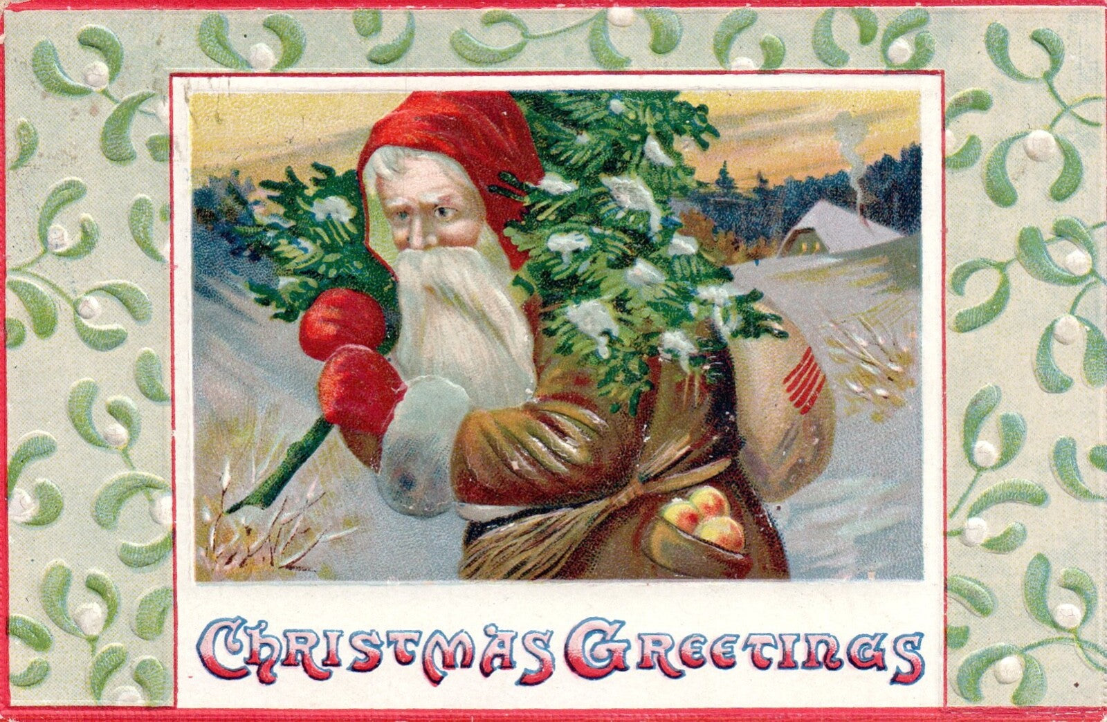 Christmas Greetings Santa With Christmas Tree Walking Vintage Santa Postcard