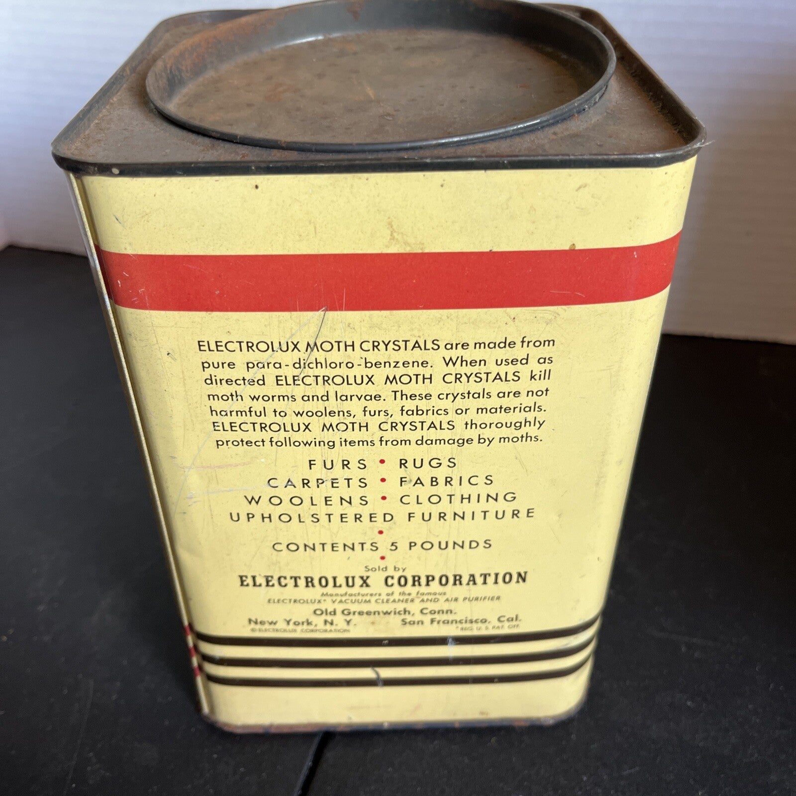 VINTAGE Country Store Tin Can Advertising Electrolux Moth Crystals 