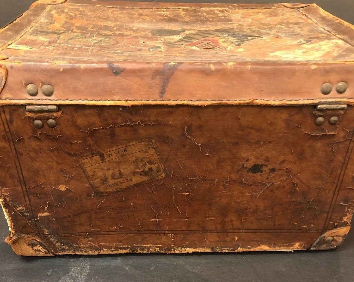 Antique Leather Hat Box silk lined International Hotel stamps stickers Japan