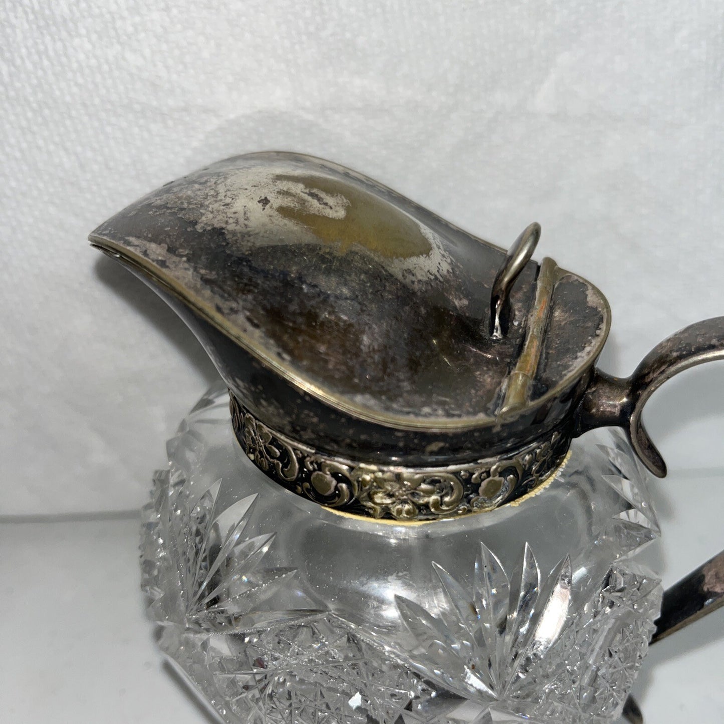 Vintage AMERICAN BRILLIANT Wheel Cut Glass Ball Pitcher Plated Silver Lid Handle