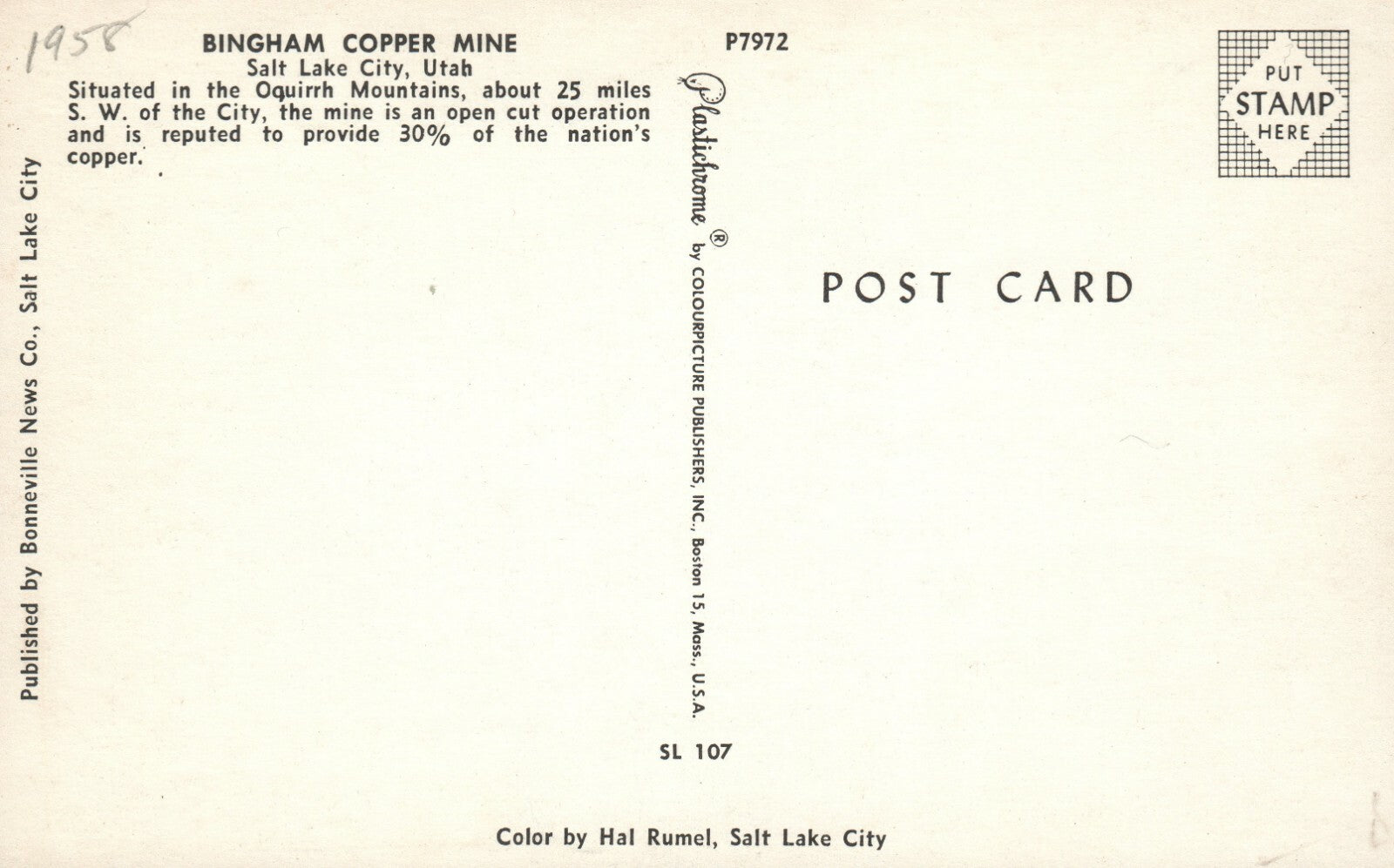 Bingham Copper Mine Salt Lake City SL UT 107 Utah Postcard