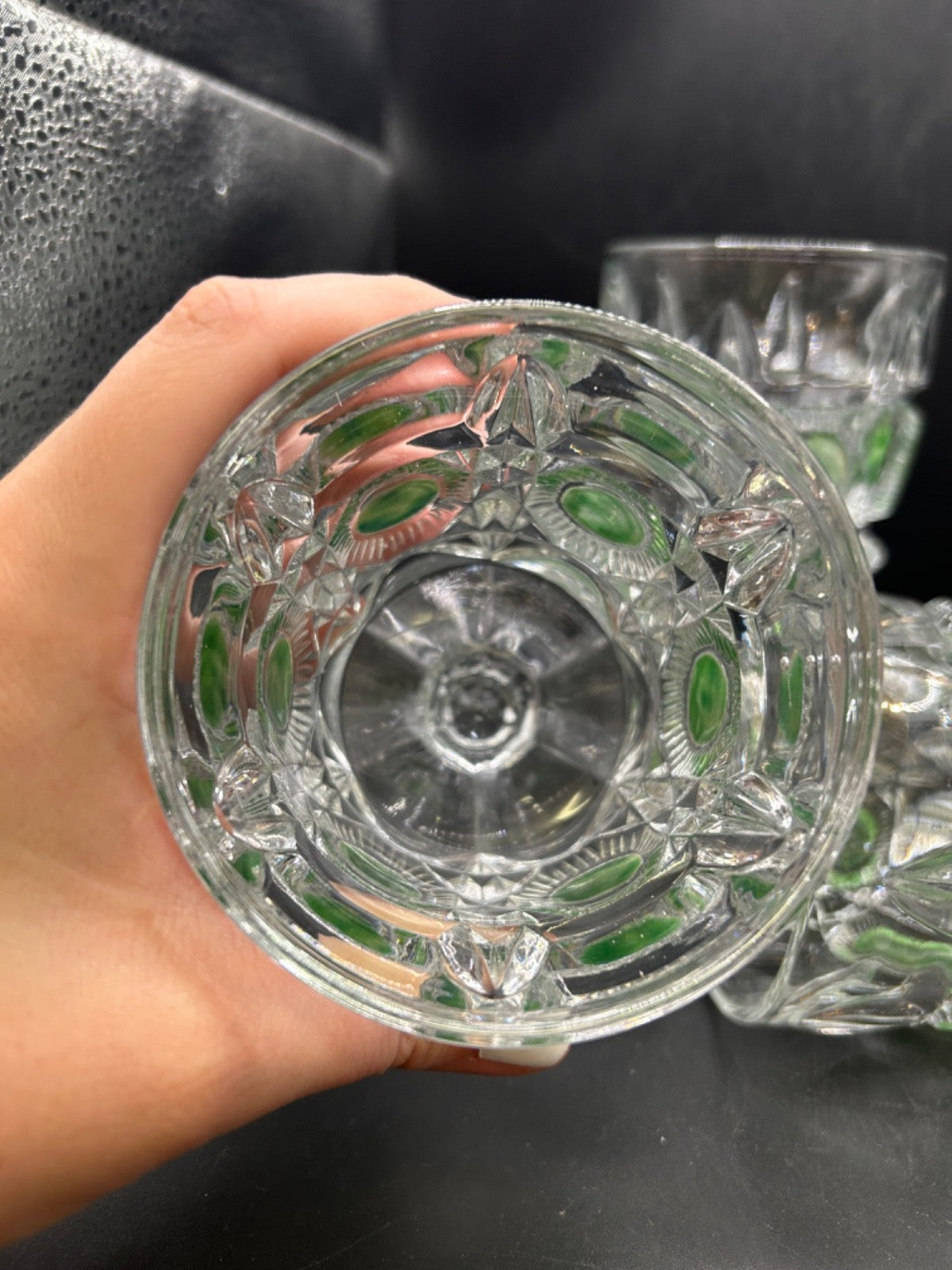 EAPG Newport 5X Goblets Glass Bull's Eye & Daisy Green Stain