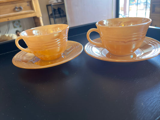 2 Vintage Fire King Oven Ware Peach Lustre Cup & Saucer USA 3 Sets Available