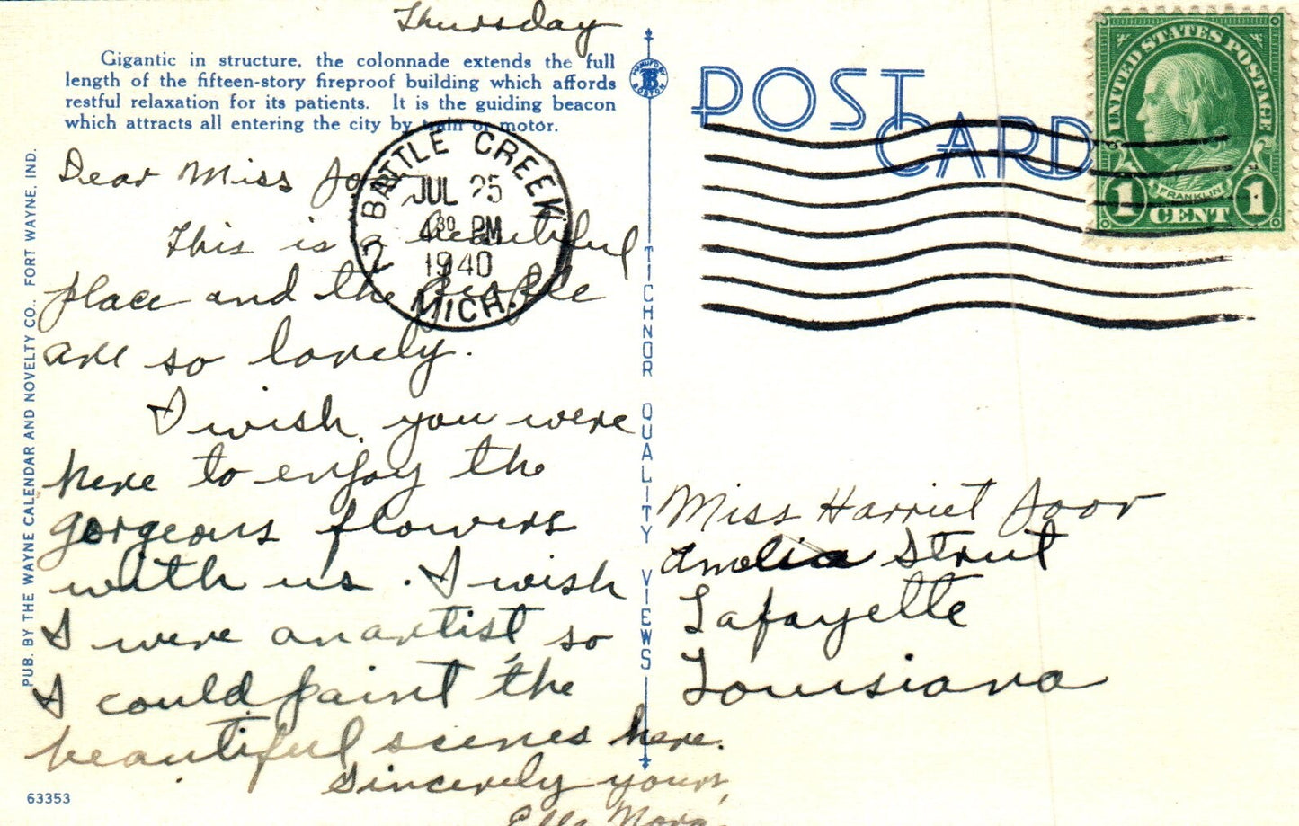 Battle Creek Sanitarium Colonnade in Battle Creek Mich MI Michigan Postcard