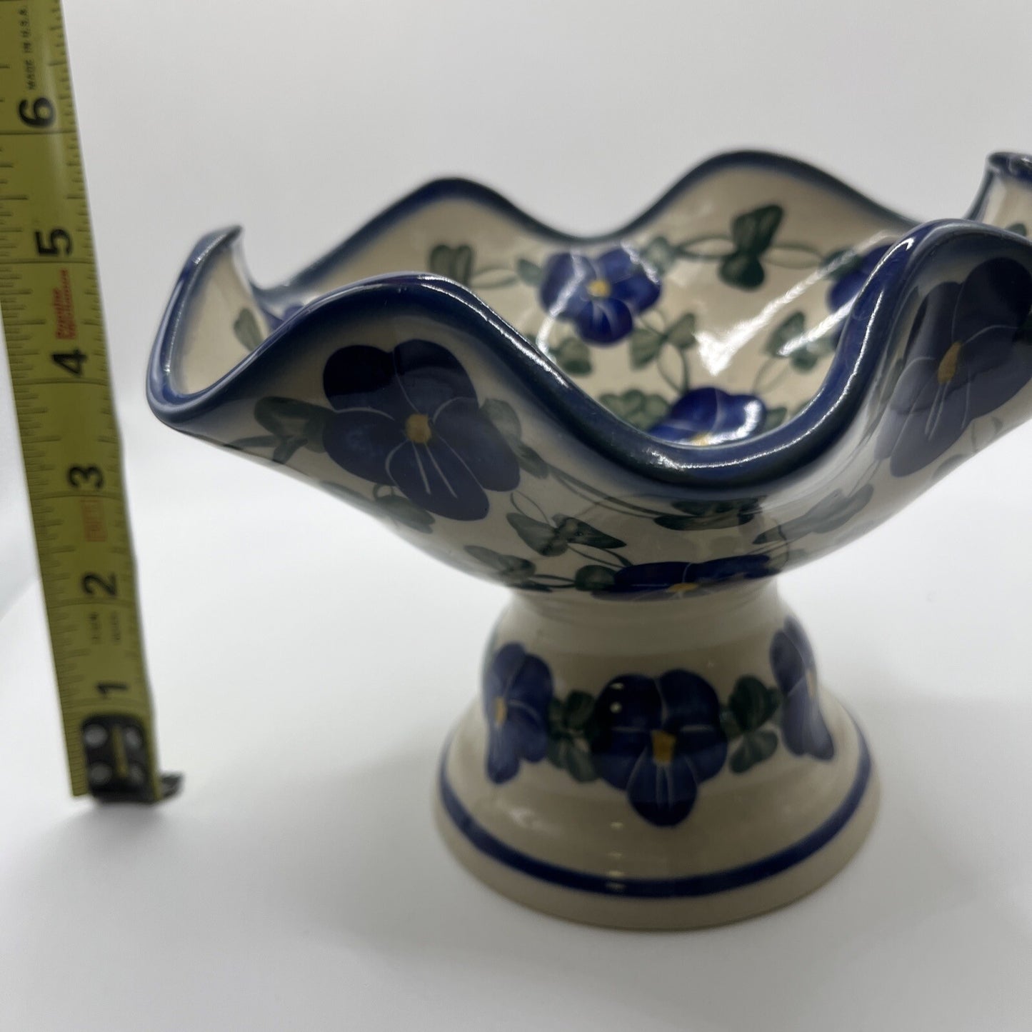 Polish Pottery Bowl With Pedestal Unikat Hand Painted Fluted Fruit Candy Dish