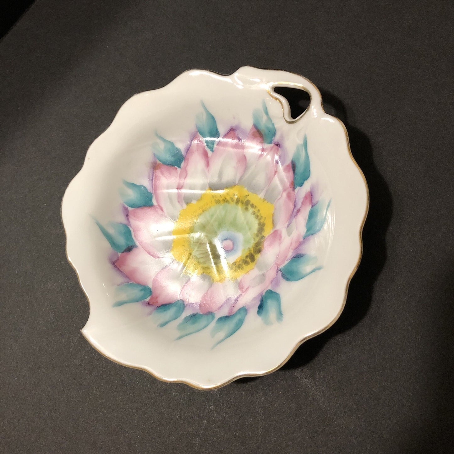 Trimont Trinket Dish 4" x 5” Hand Painted China Leaf Shape Floral Gold Trim