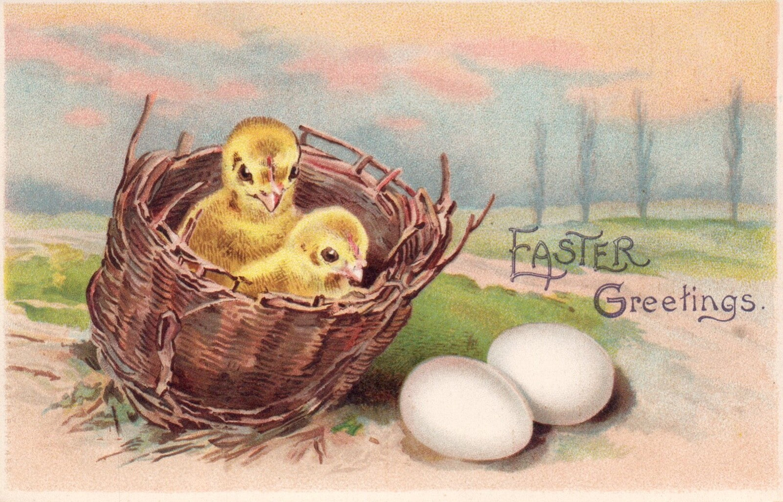 Easter Greetings Chicks in Basket with Two Eggs Vintage Easter Postcard
