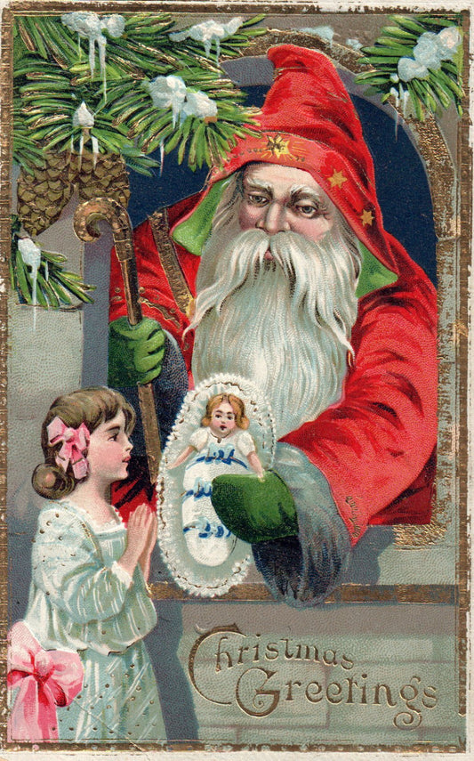 Vintage Gold Embossed Red Robed Santa Handing Child A Christmas Toy Postcard