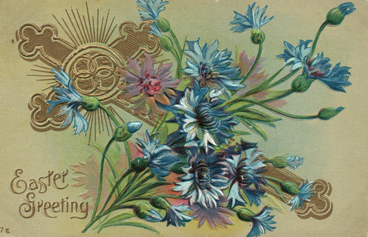 Gold Gross Surrounded By Blue Flowers Easter Greetings Postcard