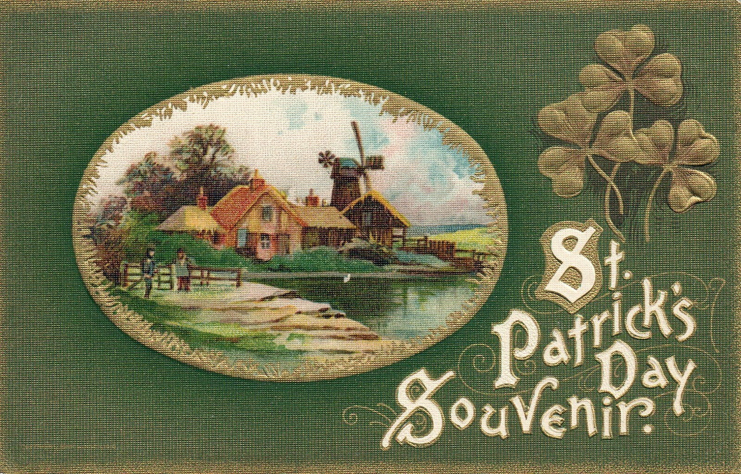 John Winsch St Pats Post Card Gold Embossed  Clovers Farm Windmill
