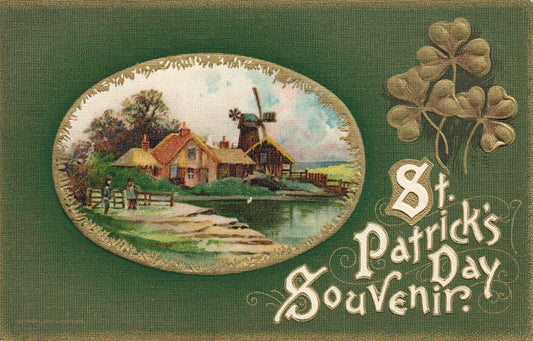 John Winsch St Pats Post Card Gold Embossed  Clovers Farm Windmill