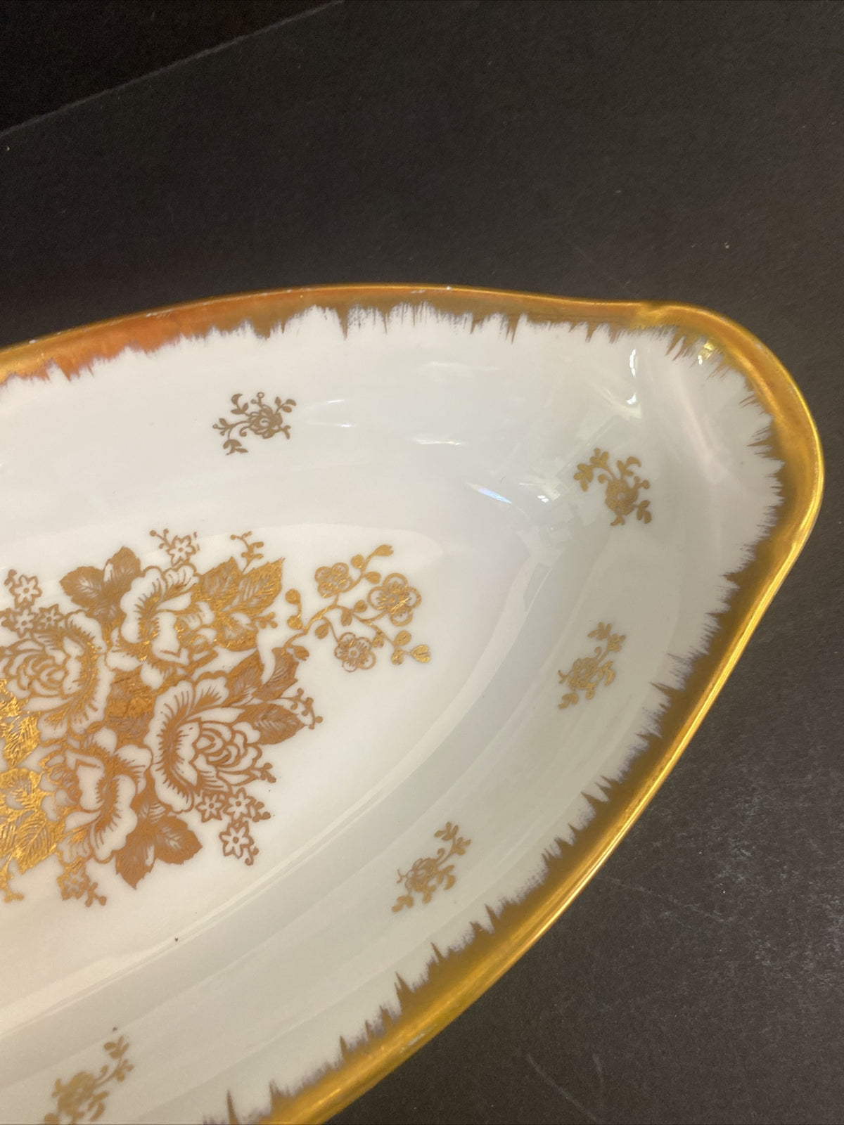 Vintage French Oval White Gold Serving Dish Hand Painted