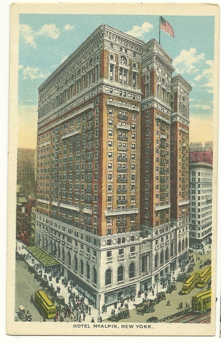Hotel McAlpin New York People NY Busses Train US Flag Post Card