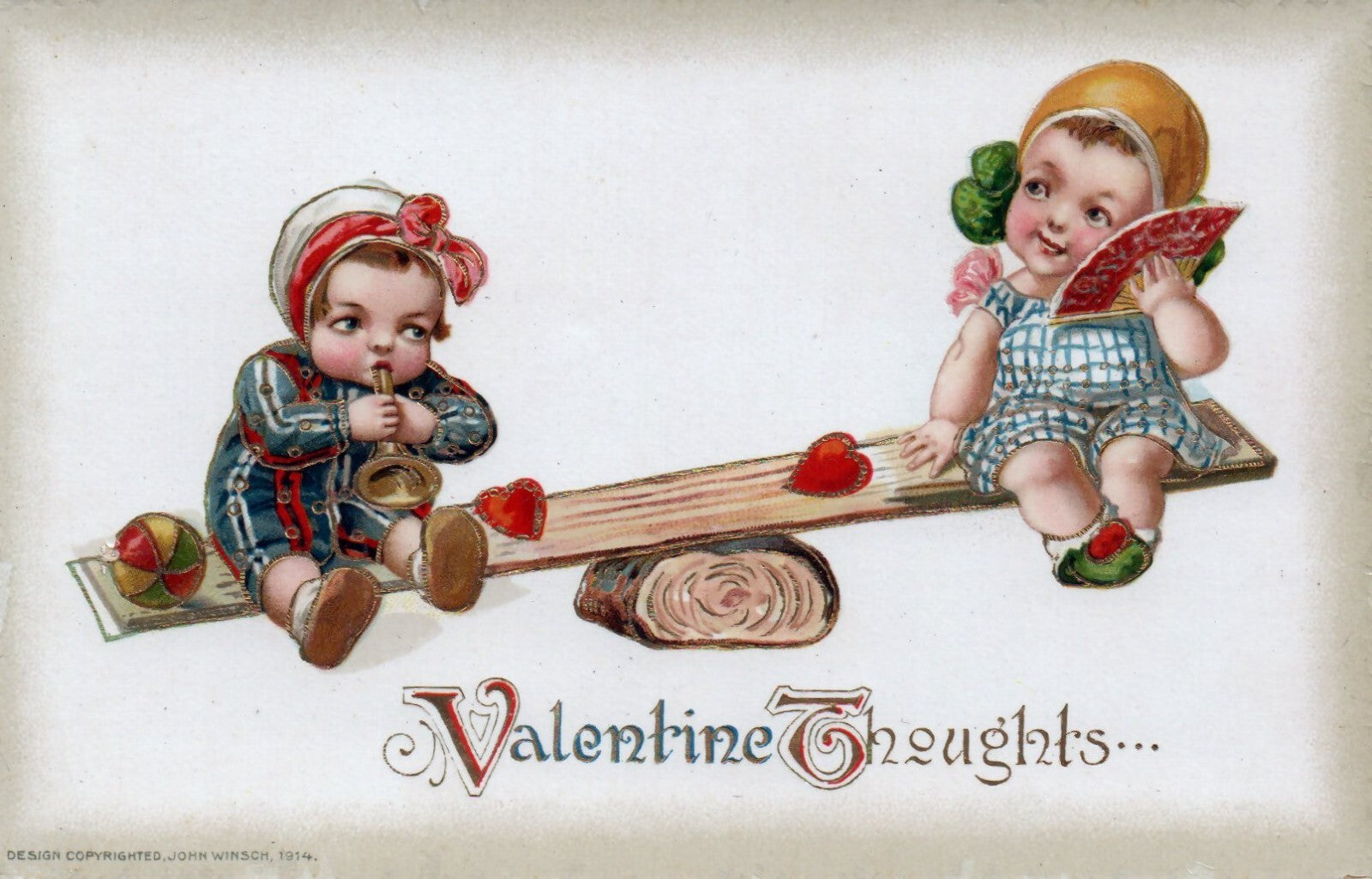 John Winsch Jason Frexias Little Boy & Girl on Seesaw Valentines Day Postcard