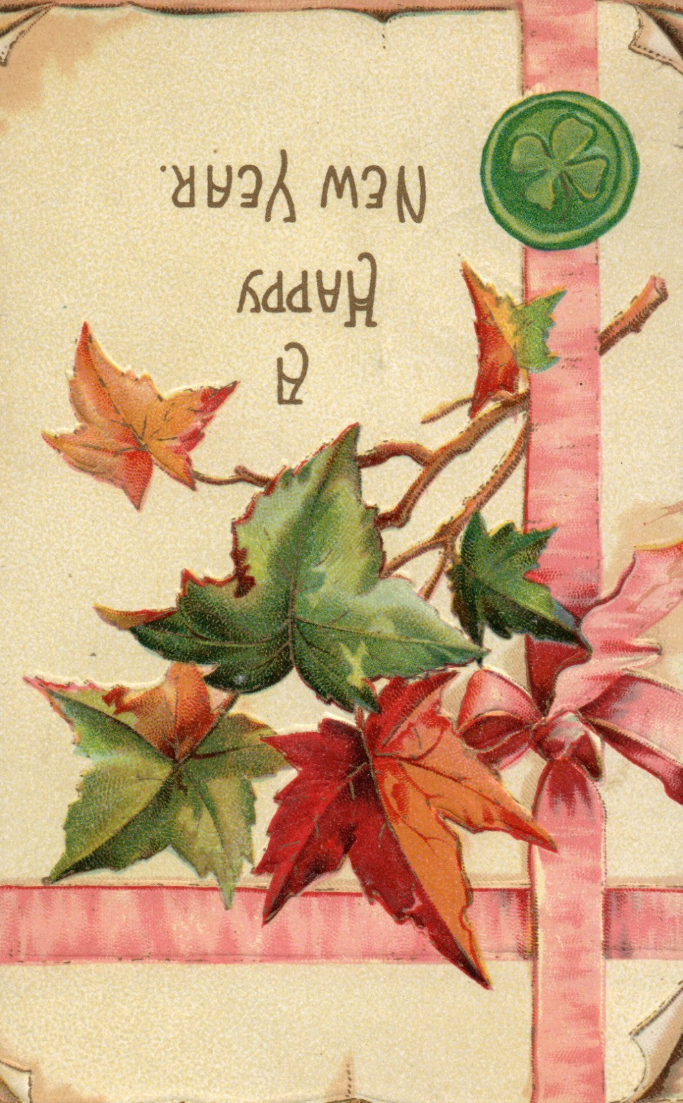 Orange and Green Leaves Four Leaf Clover Pink Bow Happy New Year Postcard 