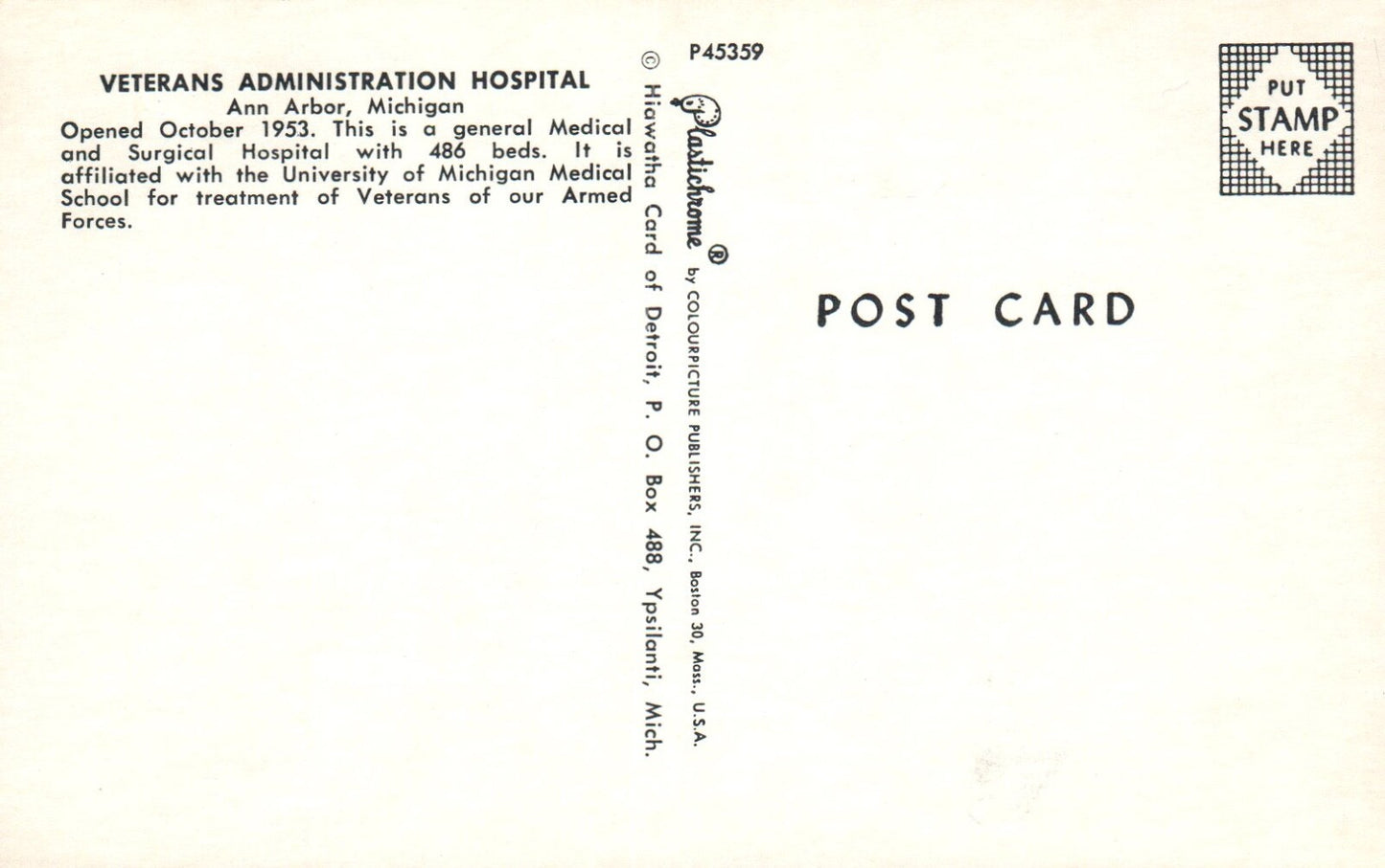 Vetrans Administration Hospital Ann Arbor Michigan MI Mich Postcard