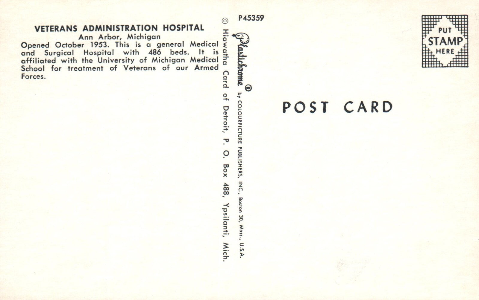 Vetrans Administration Hospital Ann Arbor Michigan MI Mich Postcard