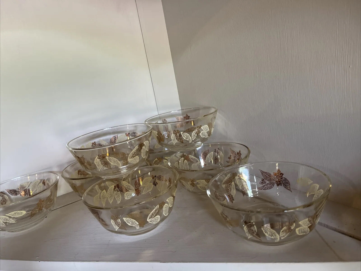 Vintage MCM Chip ‘n Dip Glass Salad Bowl Set Gold Leaf/Olive Design